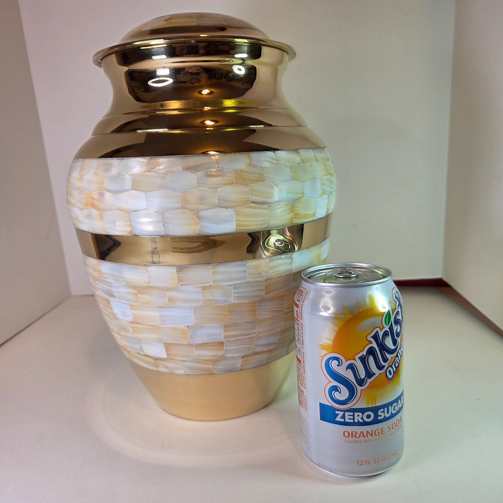 Large 12" Brass Mother of Pearl Cremation Urn for Adult Ashes