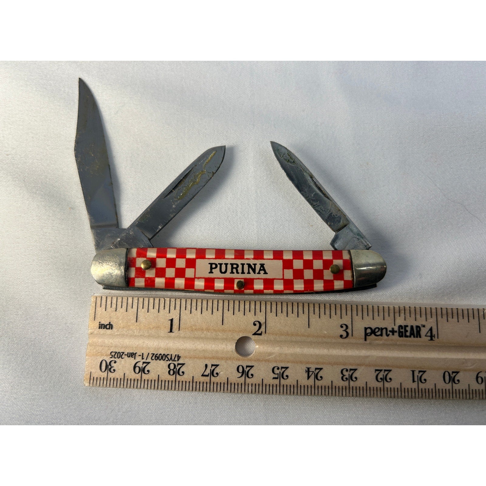 Vintage Purina Advertising Pocket Knife USA Multi Blade Red Checker Handle