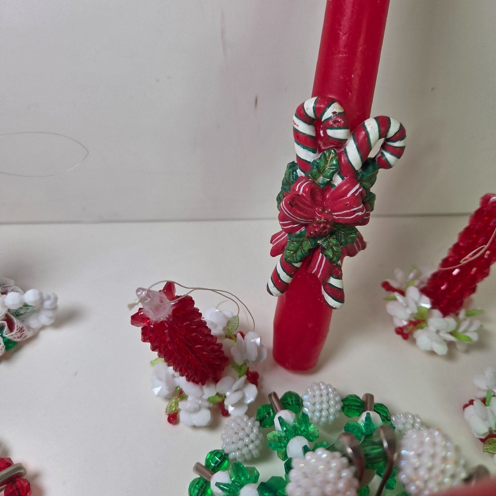 Vintage Beaded Christmas Candle Holders & Ornaments Lot of 13 + Candles