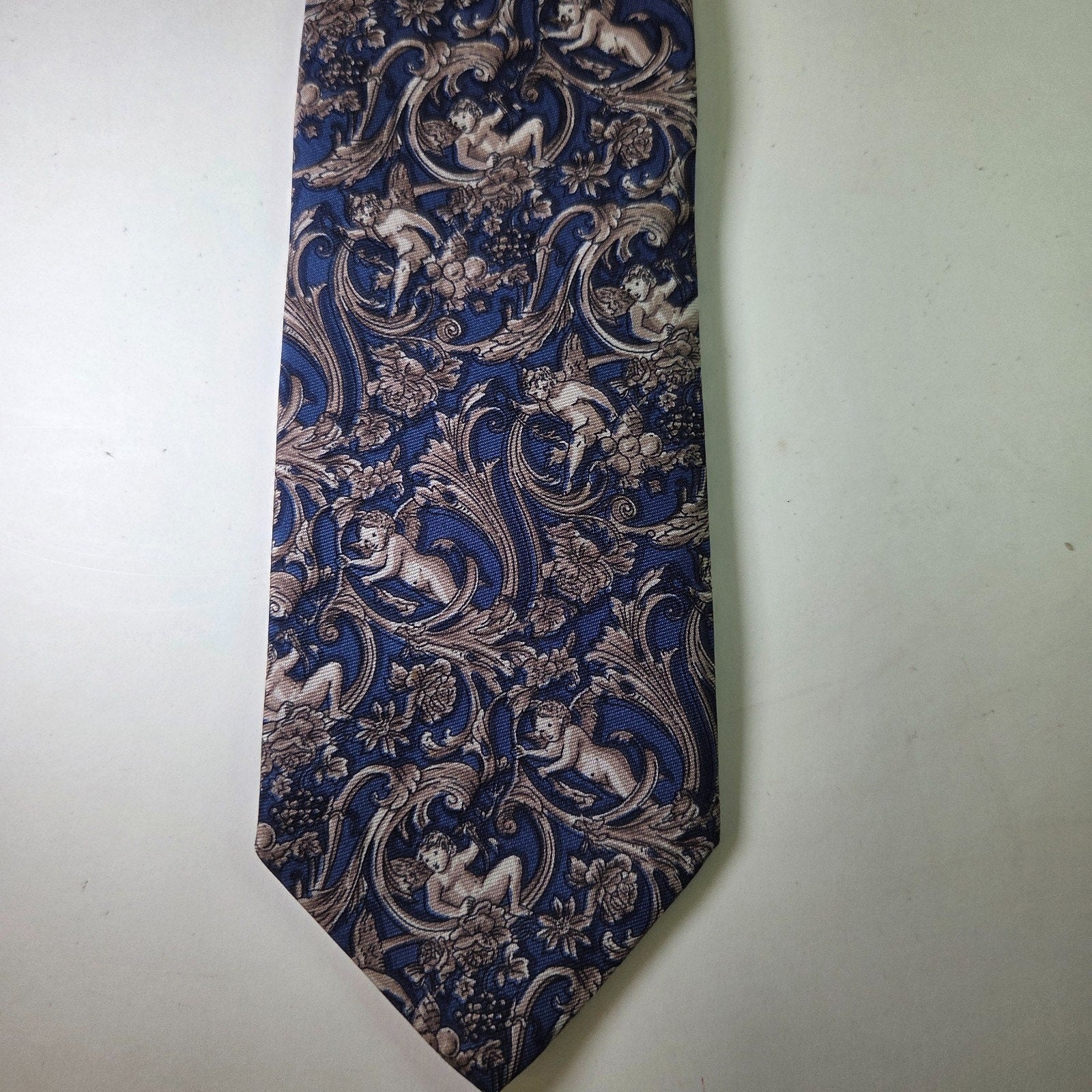 Brooks Brothers Silk Tie Cherub Baroque Scroll Pattern Blue USA