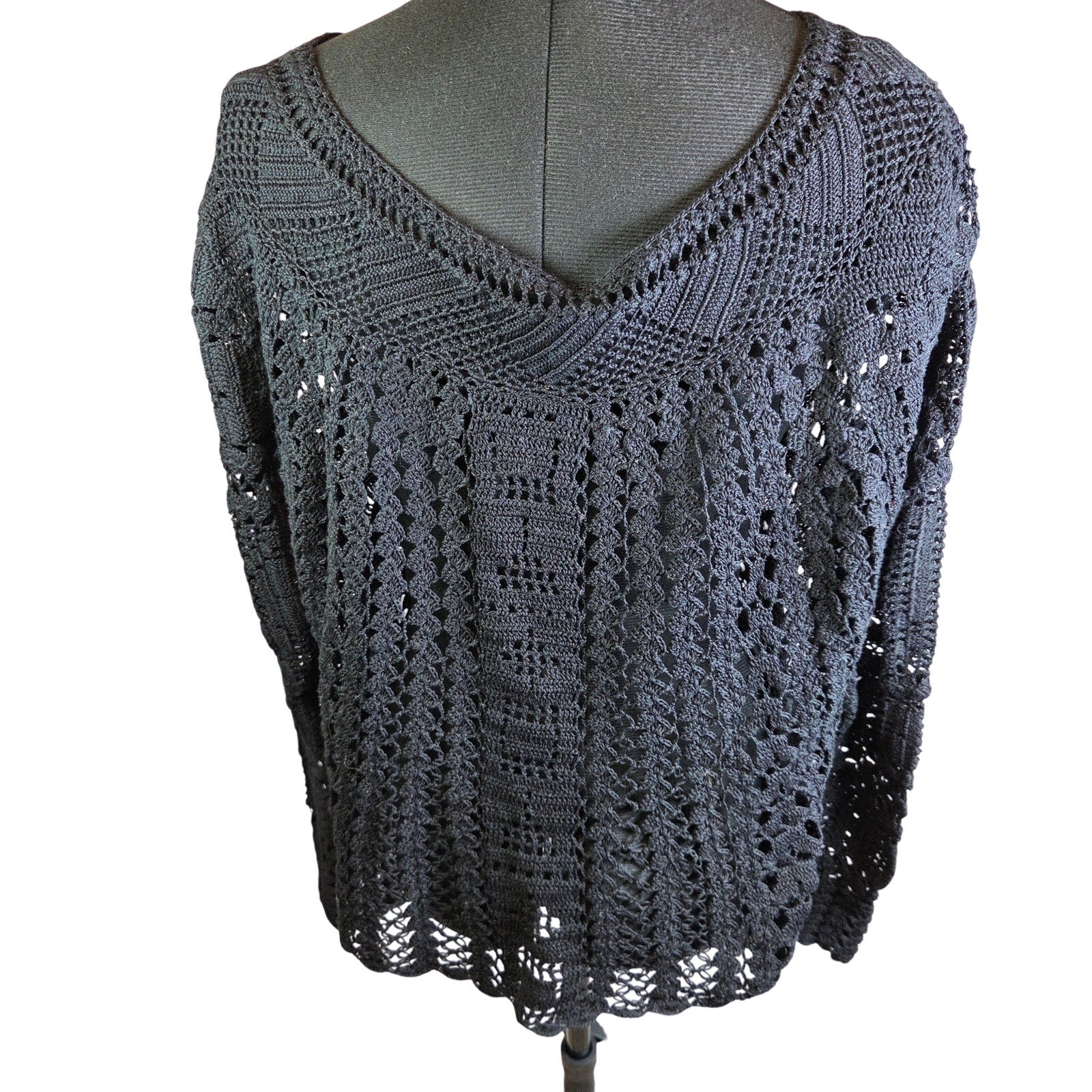Peruvian Connection Crochet Open Knit Pima Cotton Sweater XL Peru Boho