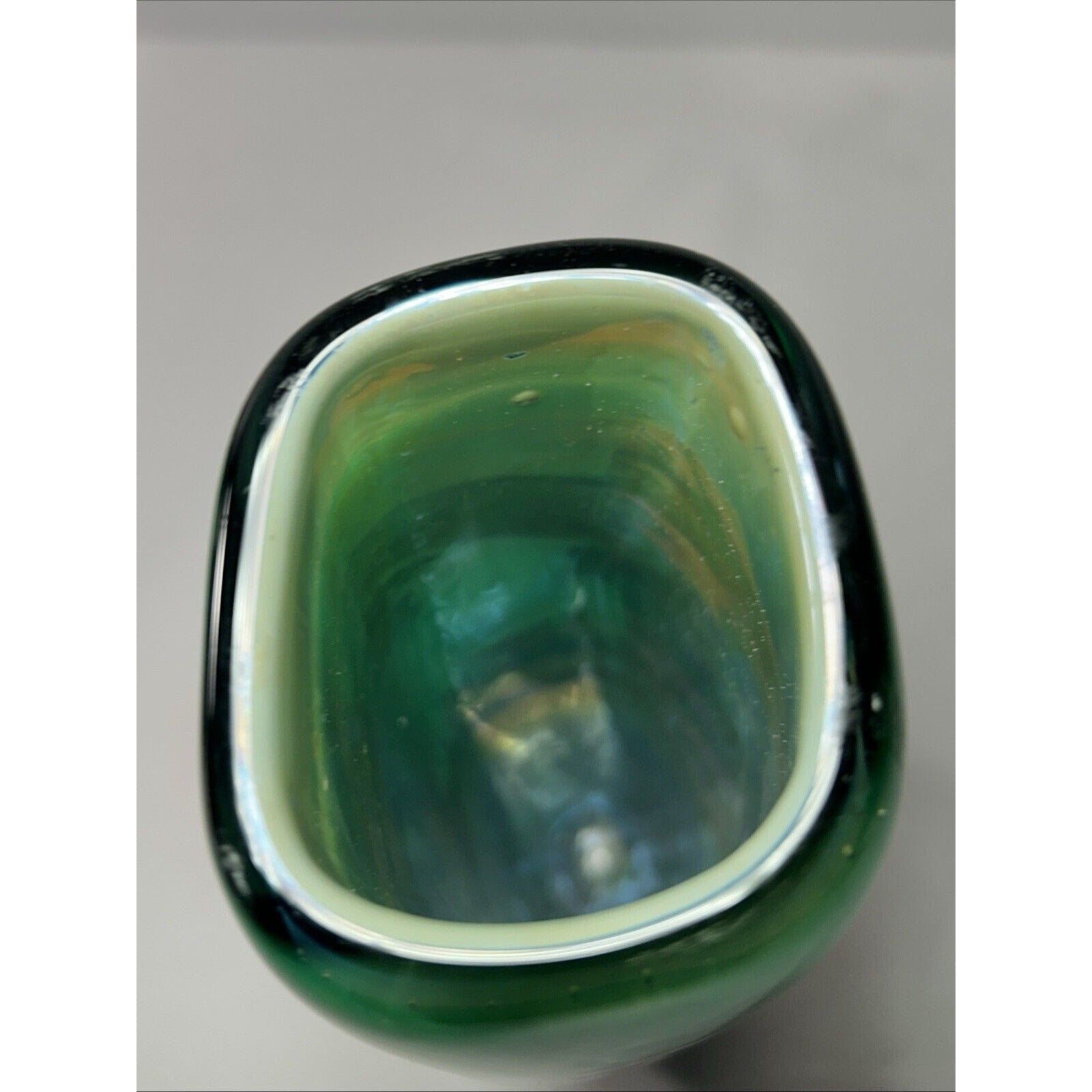 Signed Robert Doring Art Glass Vase Green & Clear Heavy Studio Glass 1990 8.5”