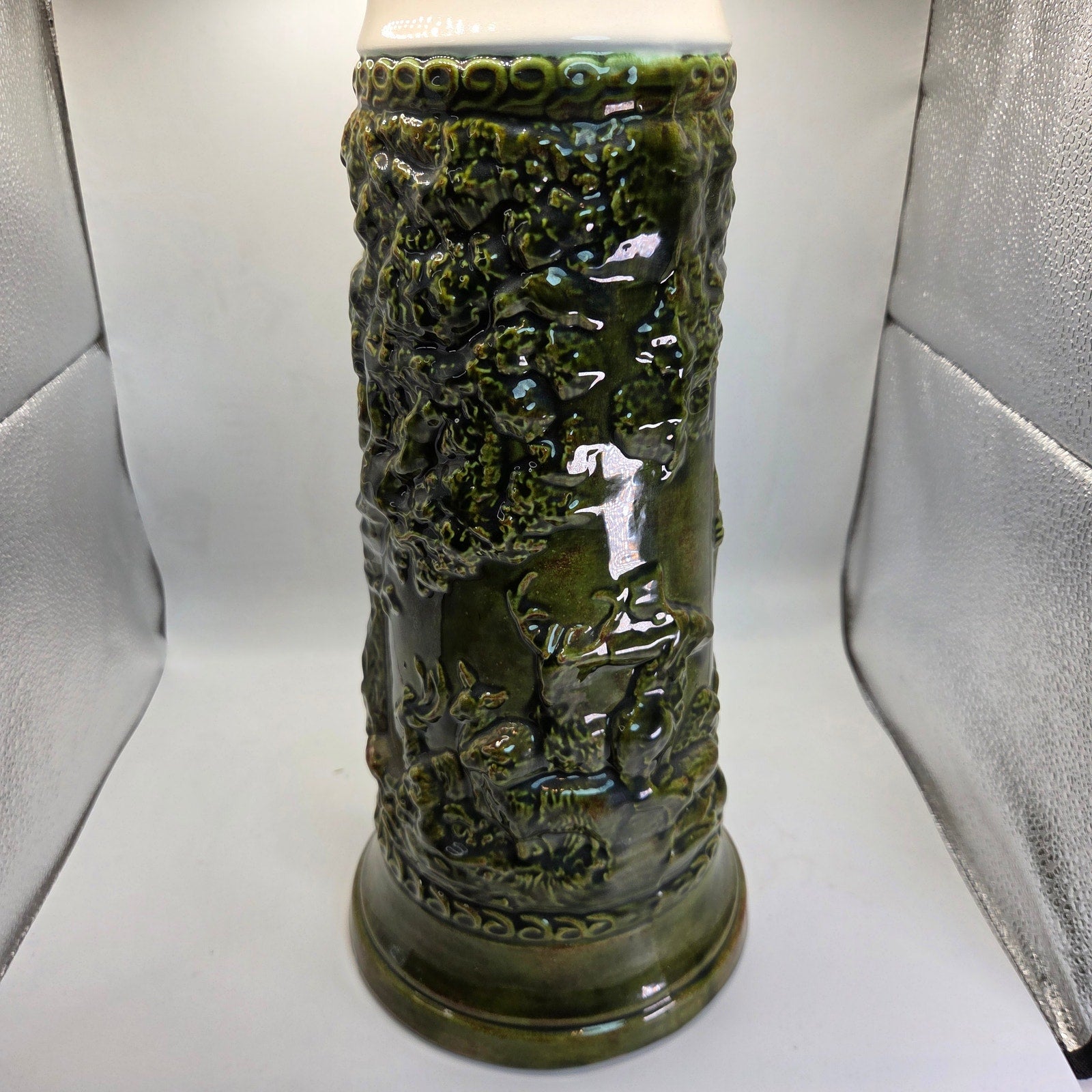 Large 17″ German Style Beer Stein Signed Sam Ceramic Relief with Lid