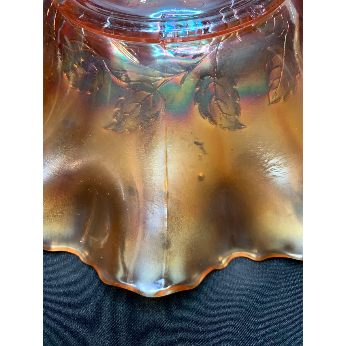 Antique Dugan Cosmos Variant Marigold Carnival Glass Ruffled Bowl 1910s