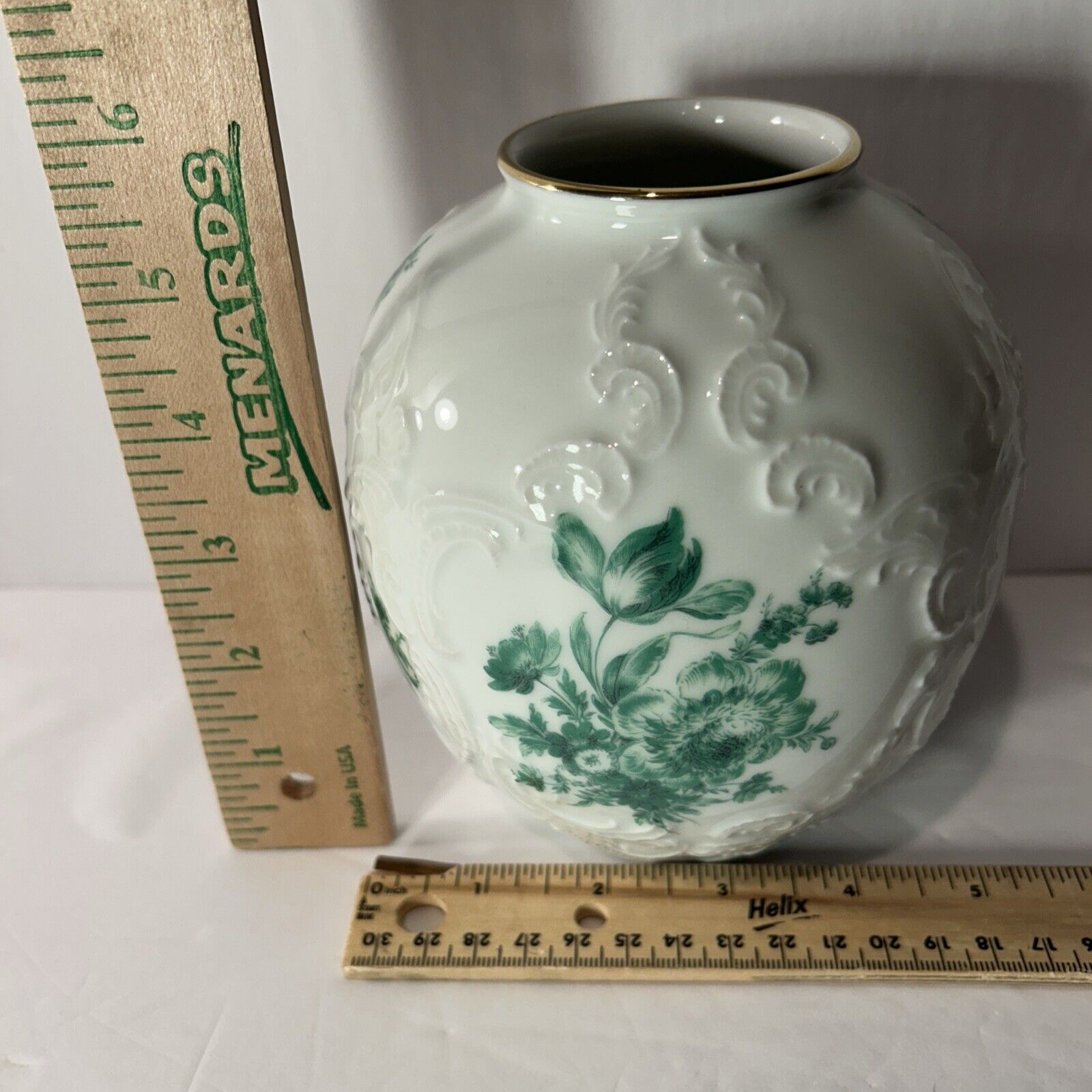 Vintage KPM Bavaria Royal Porcelain Vase Embossed Floral Green Gold Rim Germany
