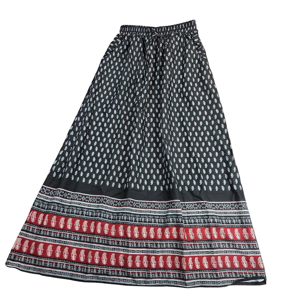 Womens Small Paisley Maxi Skirt Black Red Rayon Elastic Waist Pockets Unbranded
