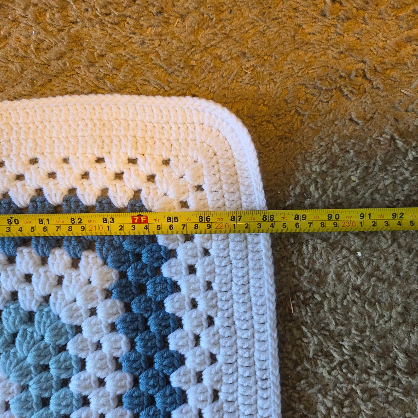 Handmade Blue White Crochet Granny Square Afghan Blanket 88x63