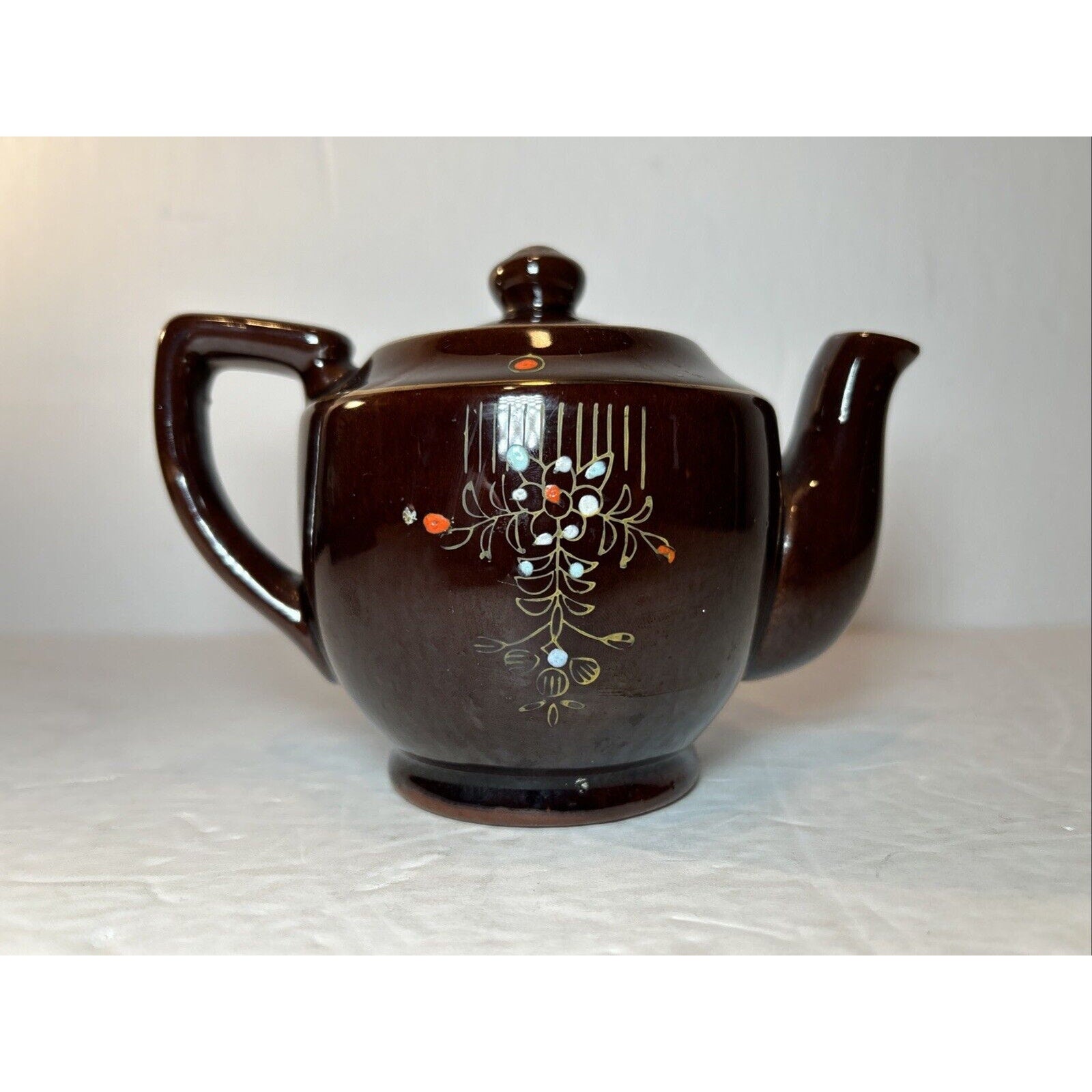 Vintage Japan Brown Ceramic Teapots with Lids – Hand Painted Floral Gold Accents