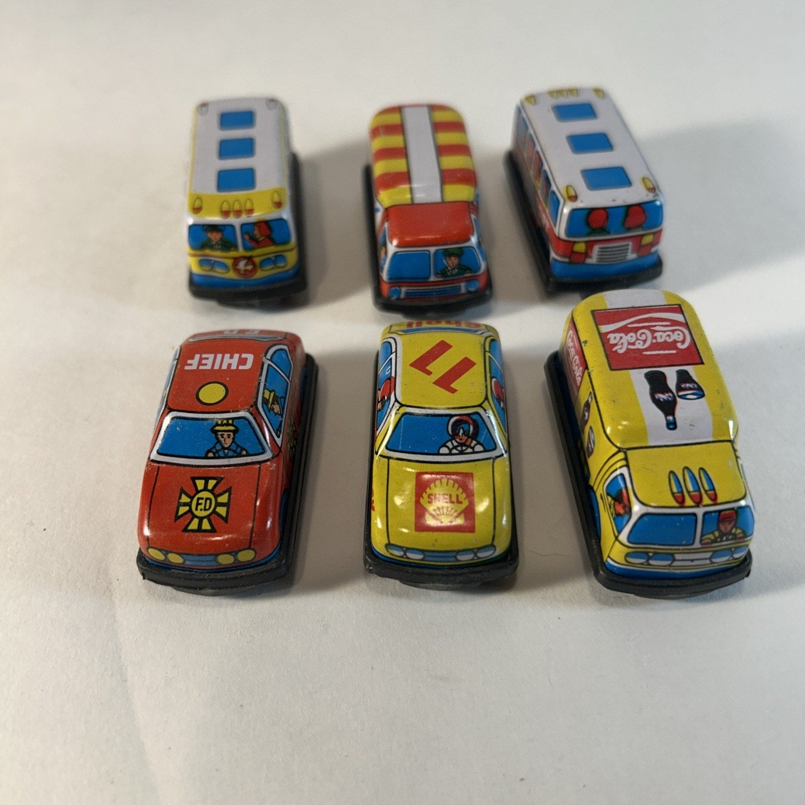 Vintage Tin Litho Friction Super Mini Toy Car Set w/ Display Taiwan 12pc