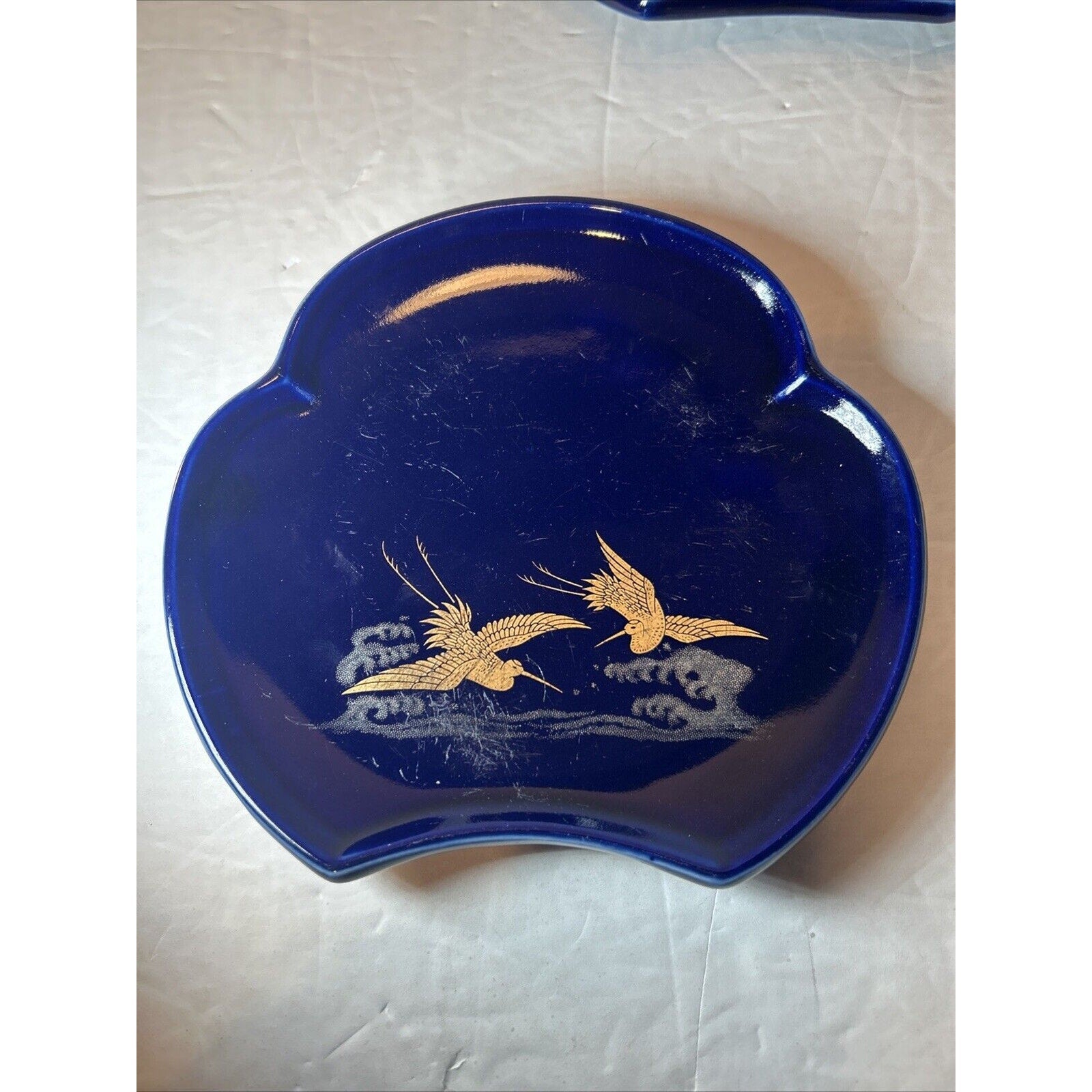 Set of 5 Japanese Decorative Plates Cranes Cobalt Blue Hand Painted with Gold