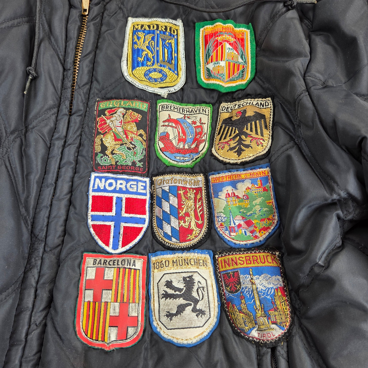 Vintage 60s Brent Montgomery Ward Quilted Jacket European Travel Patches Talon