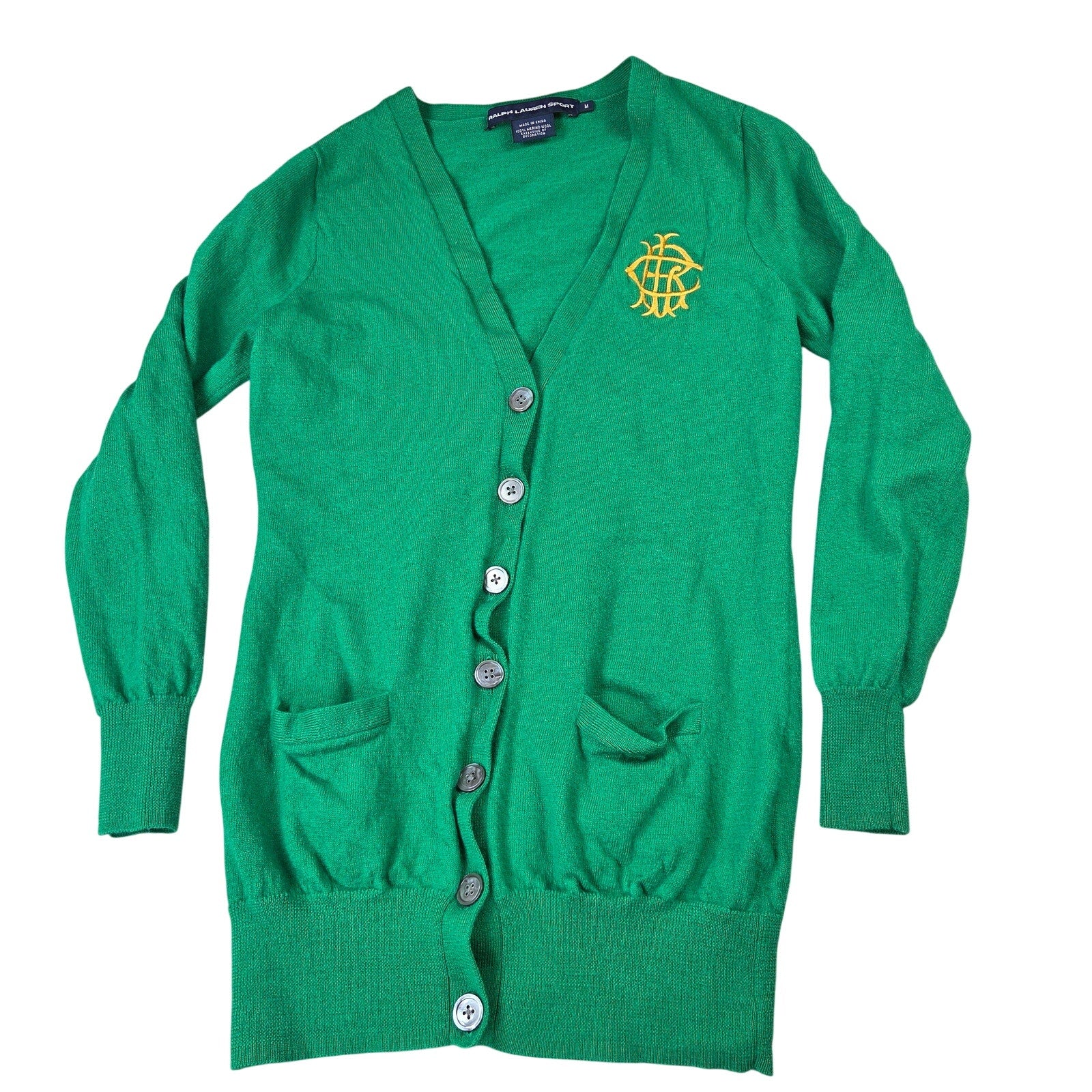 Ralph Lauren Sport Merino Wool Crest Cardigan Sweater Women's M Green V Neck