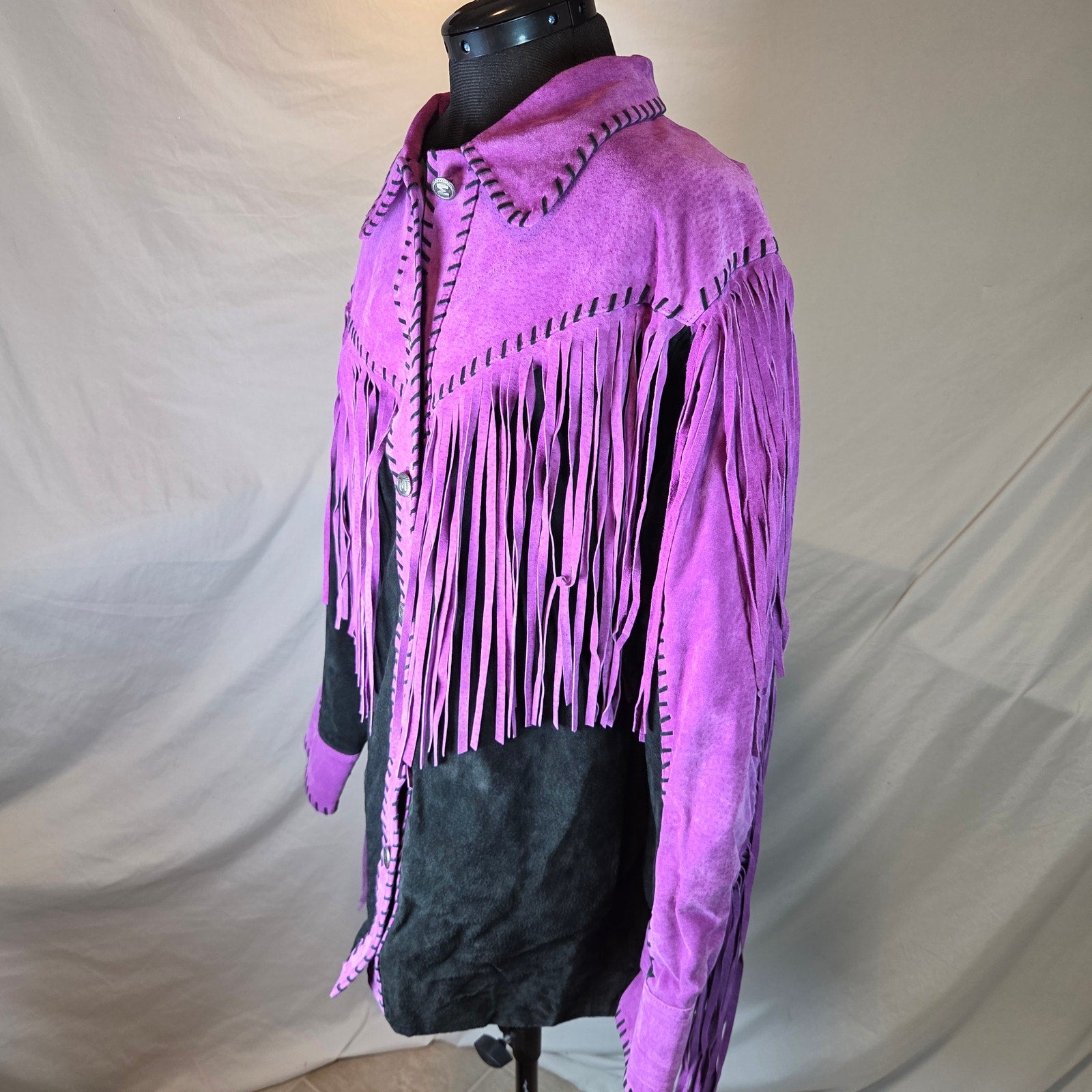 Bob Mackie Wearable Art 2X Leather Fringe Western Jacket Purple Black