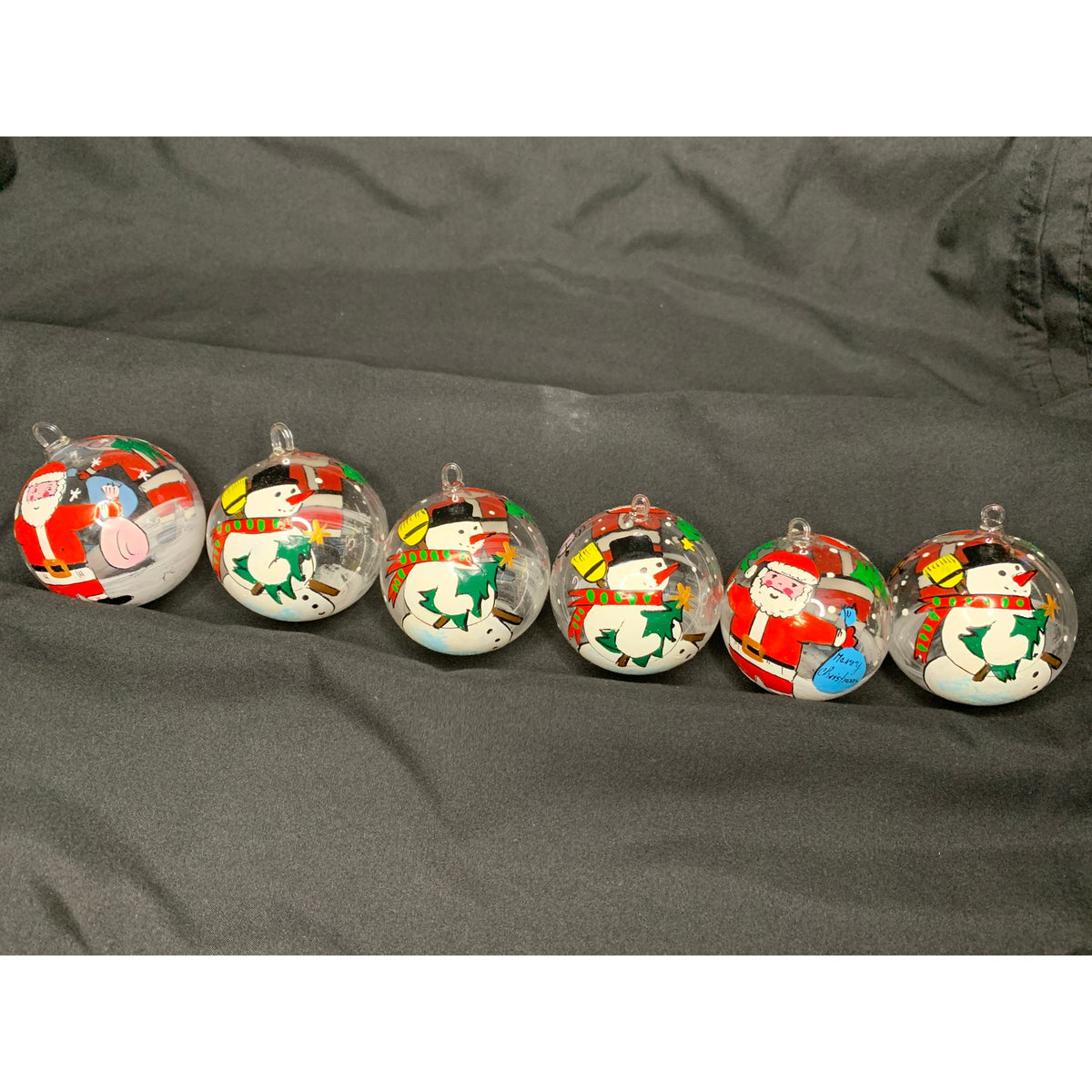 Vintage 1996 Czech Hand Painted Glass Christmas Ornaments Santa Snowman Set 6