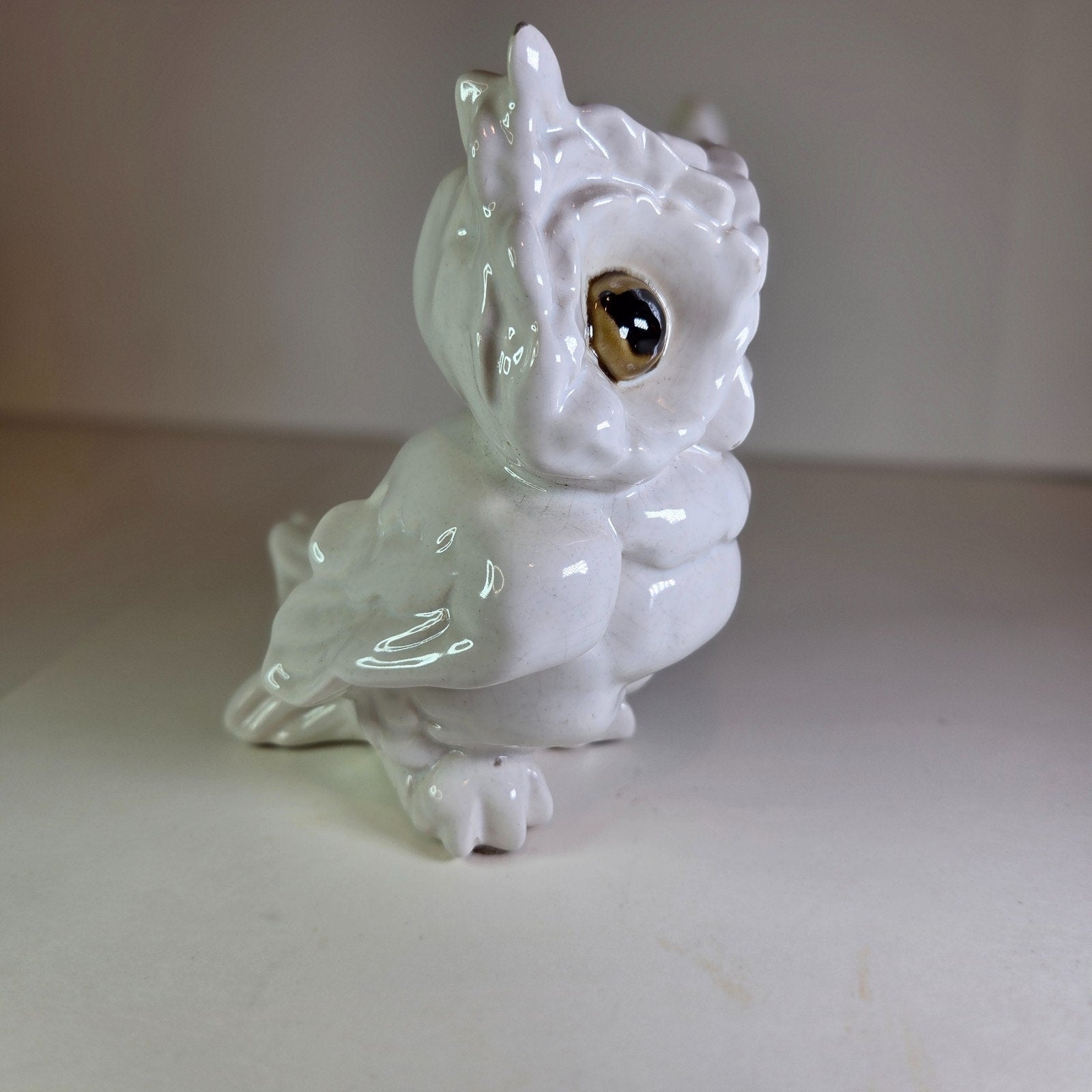 Vintage White Ceramic Owl Figurine Mid-Century Style Big Eyes 5.75" Tall