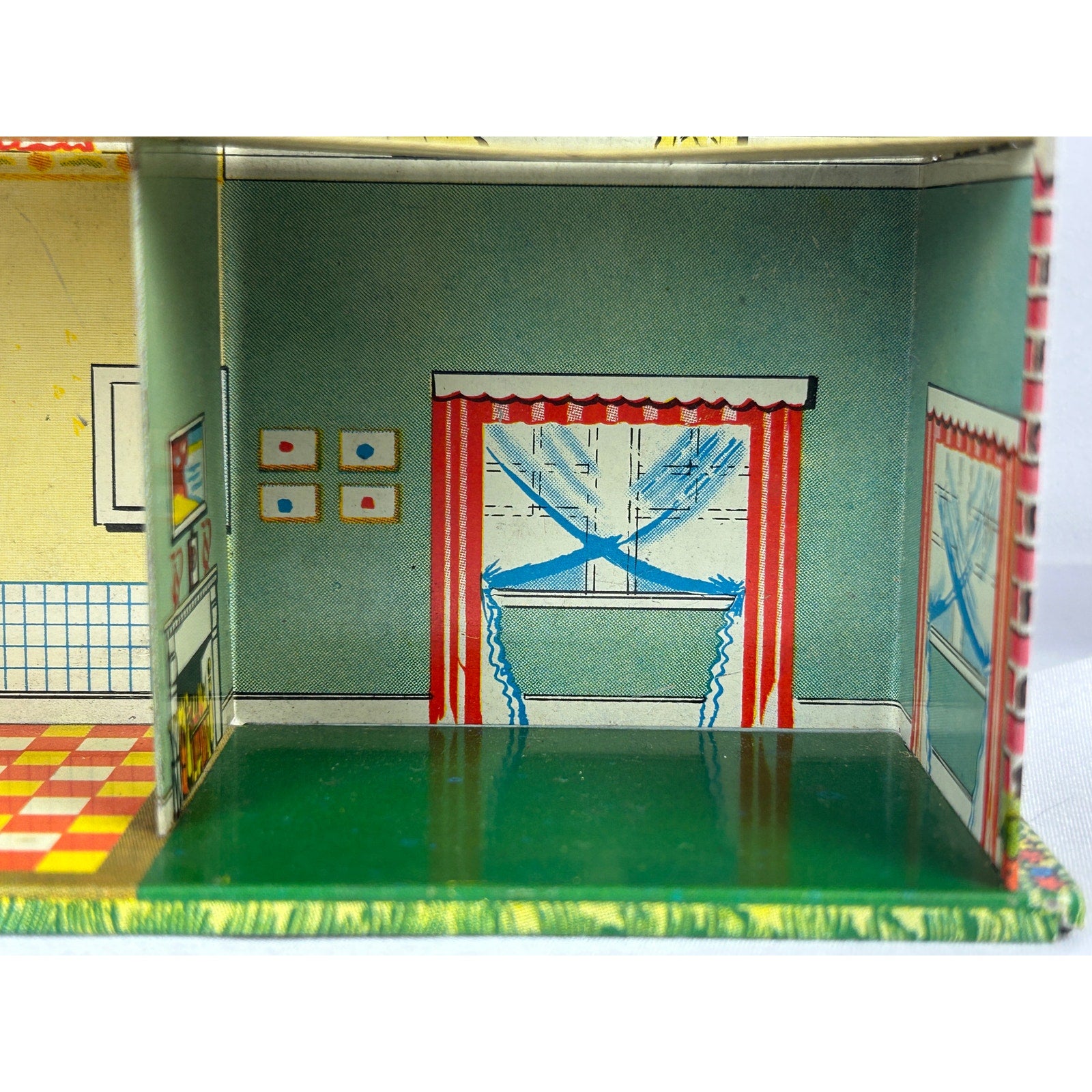 Vintage 1950s Ohio Art Midget Manor Dollhouse Tin Litho With Most Furniture