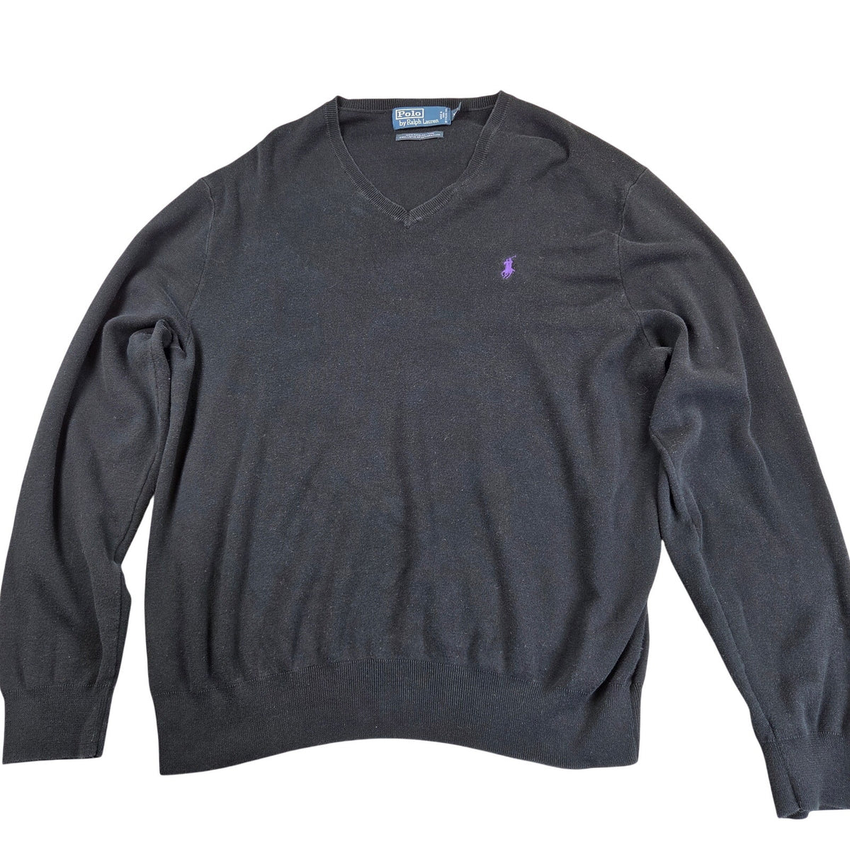 Polo Ralph Lauren Pima Cotton V Neck Sweater Mens XXL Black Purple Pony