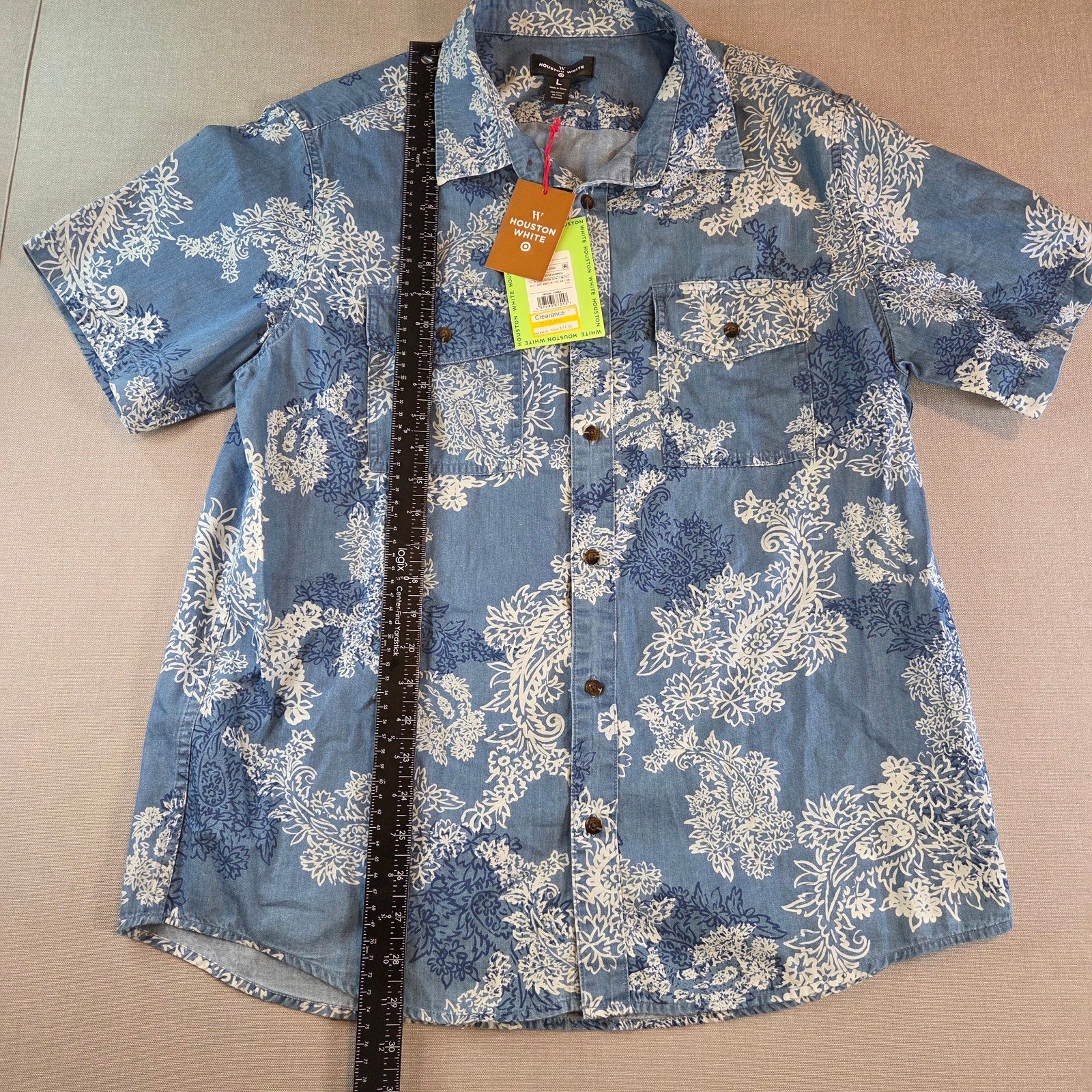 Houston White Floral Button Up Shirt L NWT Blue White Short Sleeve Casual