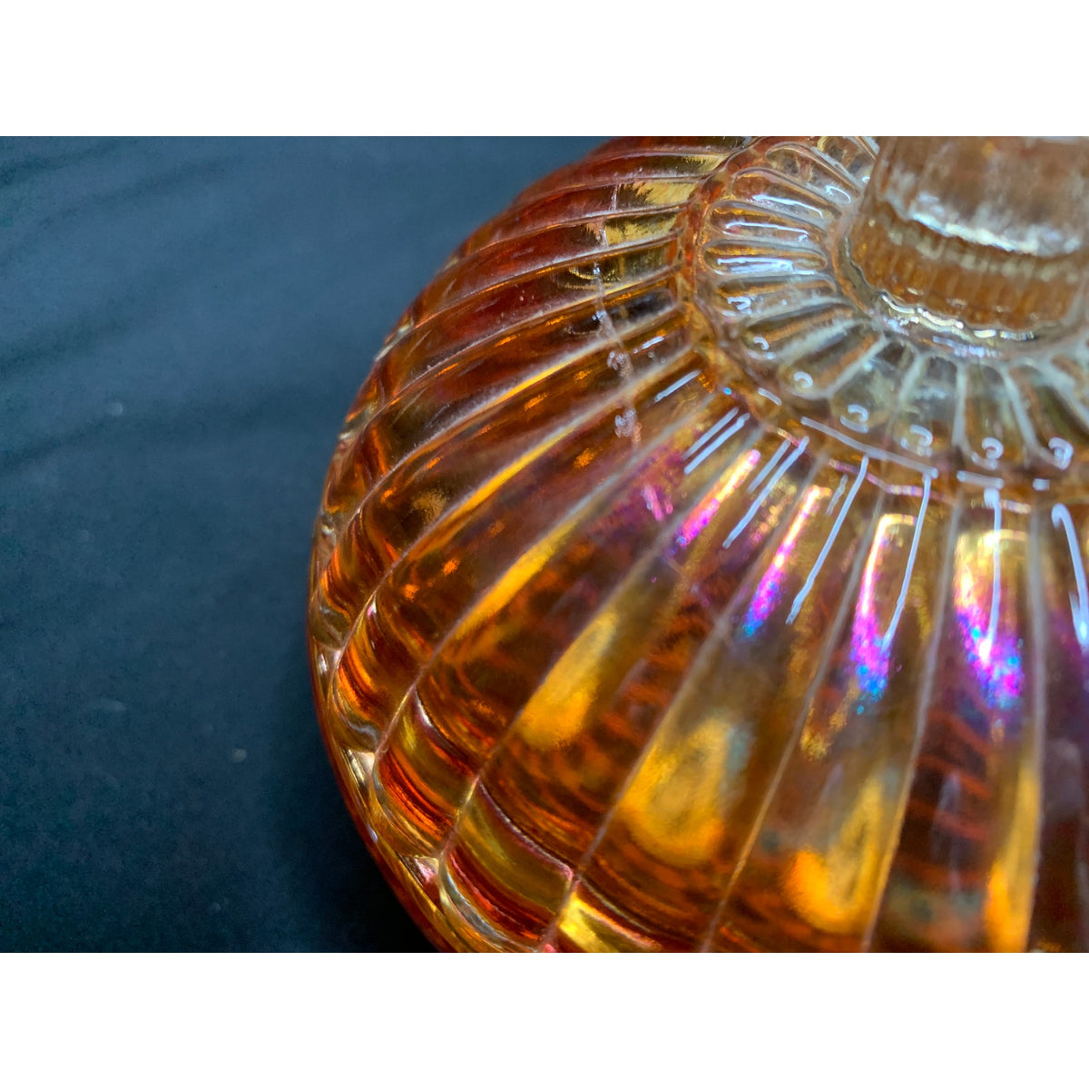Vintage Marigold Carnival Glass Ribbed Covered Candy Dish Iridescent Amber