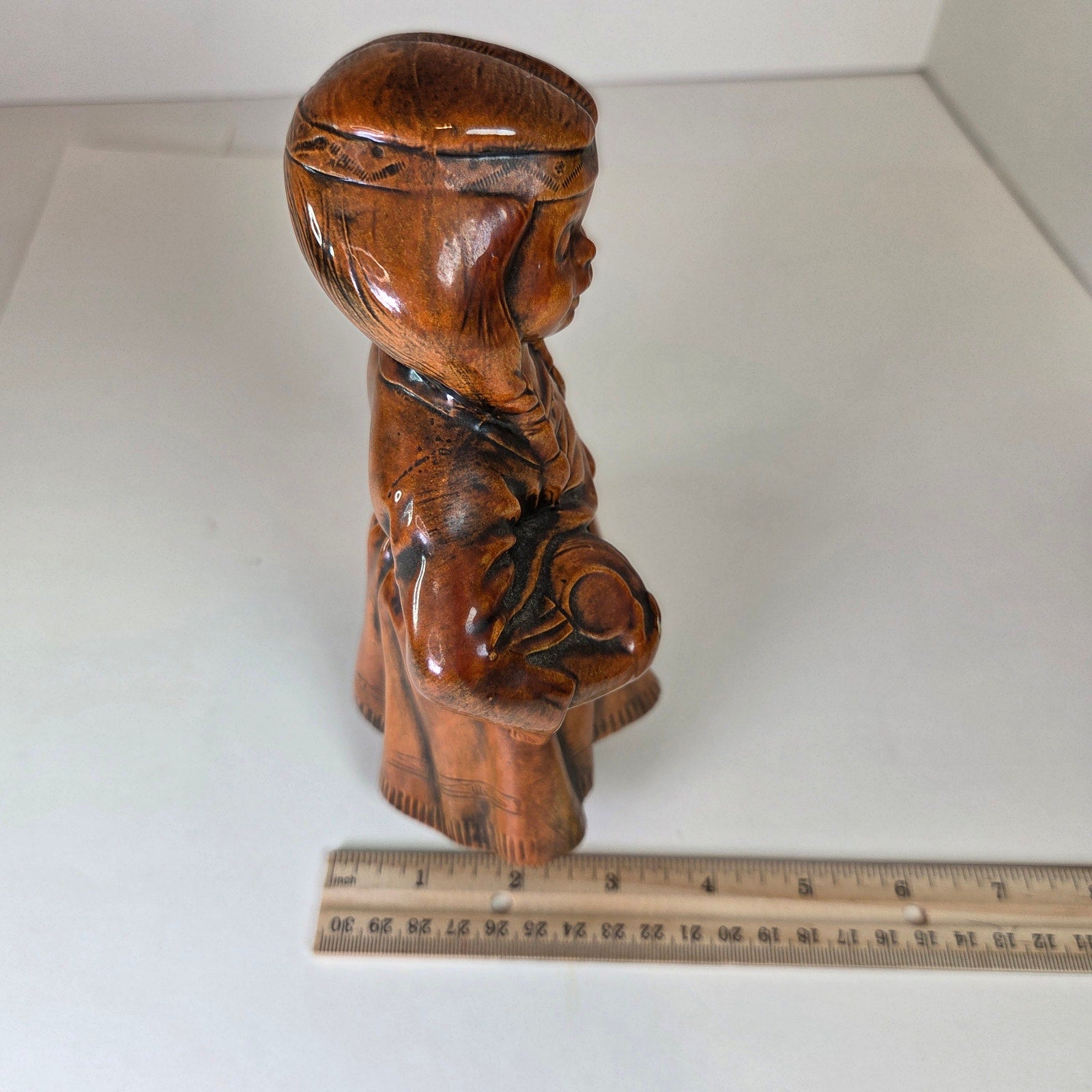 Vintage Ceramic Figurine Native American Girl Holding Pottery Brown Glaze 7.75"