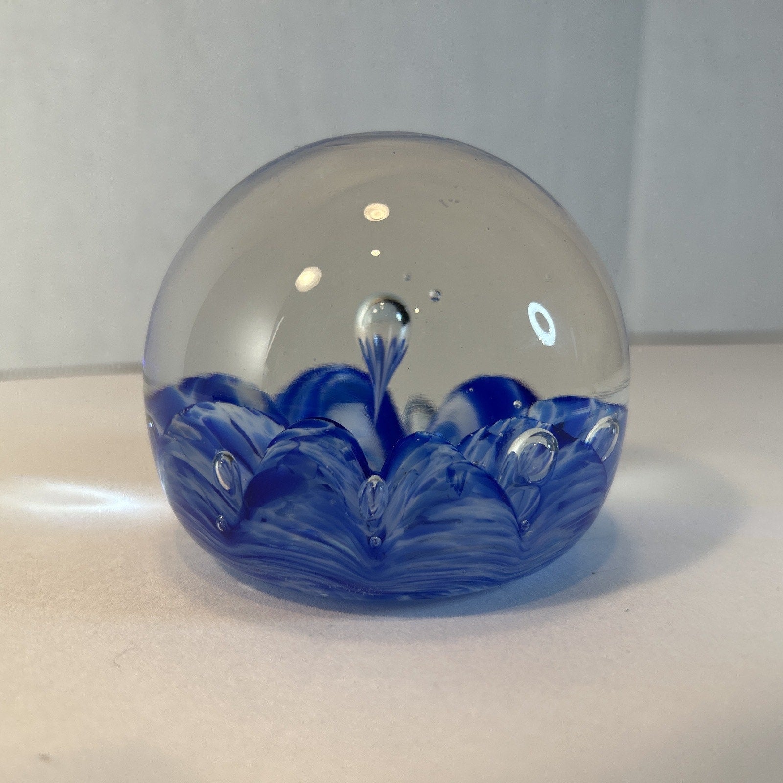 Vintage Monte Dunlavy Signed Art Glass Paperweight Blue Flower Design 3"