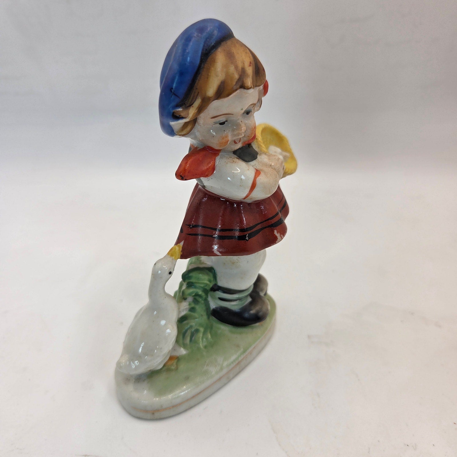 Occupied Japan Girl With Goose Figurine 4.5” Vintage Porcelain Painted