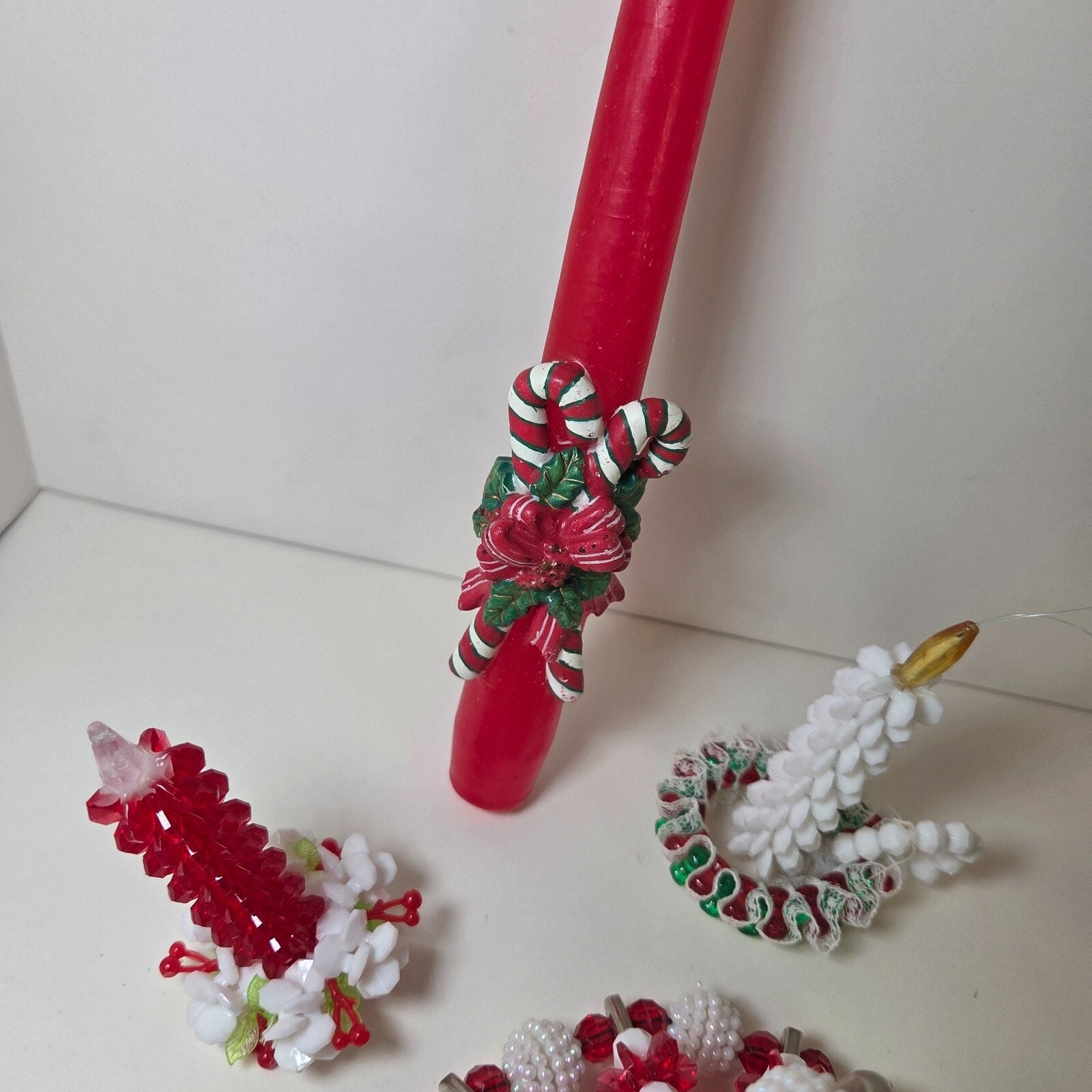 Vintage Beaded Christmas Candle Holders & Ornaments Lot of 13 + Candles