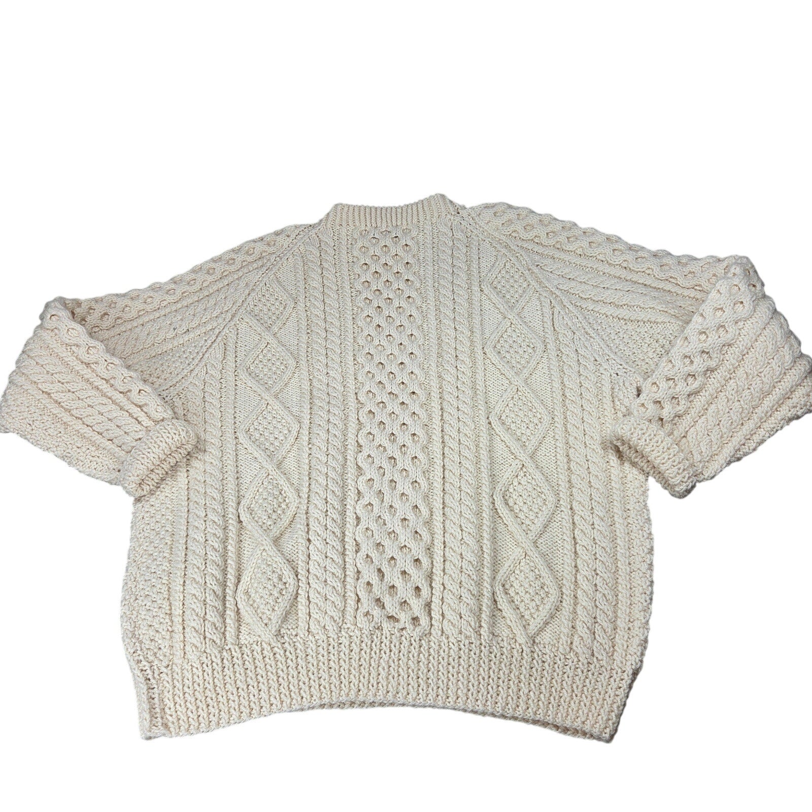Carrick Fin Irish Aran Fisherman Sweater Wool Hand Knit Donegal XL Cream