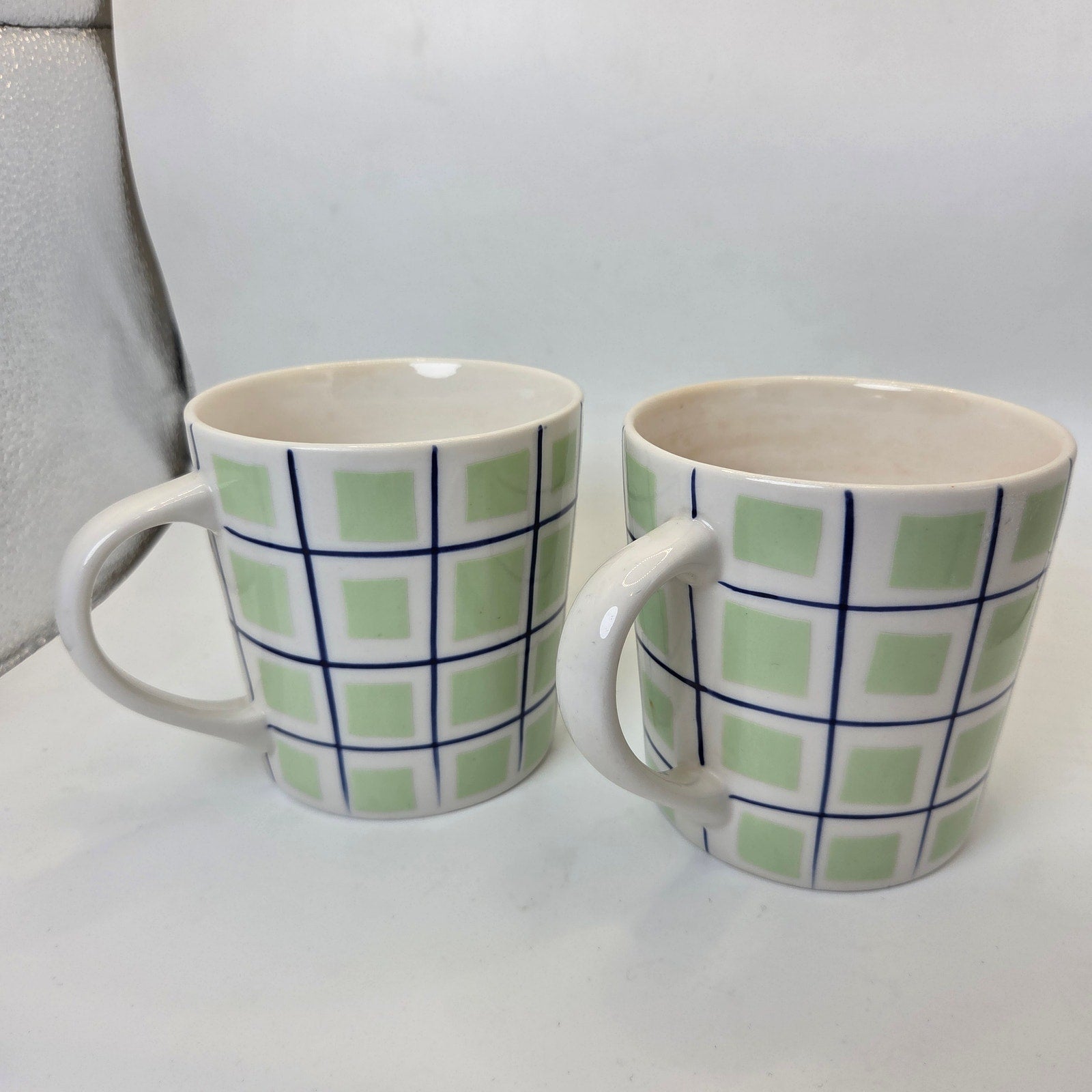Starbucks Barista 2003 Green Blue Plaid Check Coffee Mugs Set Of 2 Cups