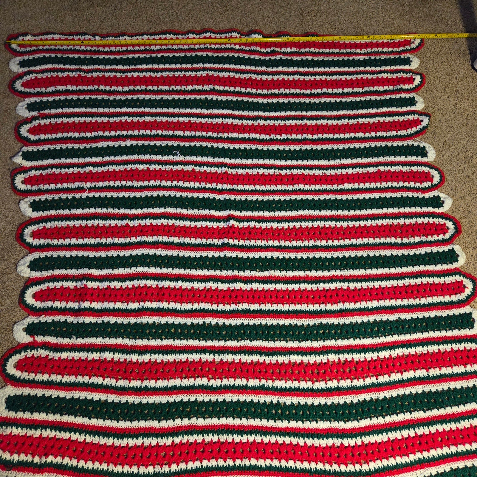 Handmade Crochet Afghan Blanket Red Green White Christmas Throw 73x70