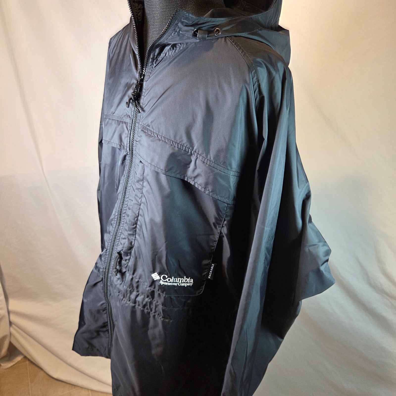 Vintage 1998 Columbia Packable Hooded Rain Jacket Women's XL Black Full Zip