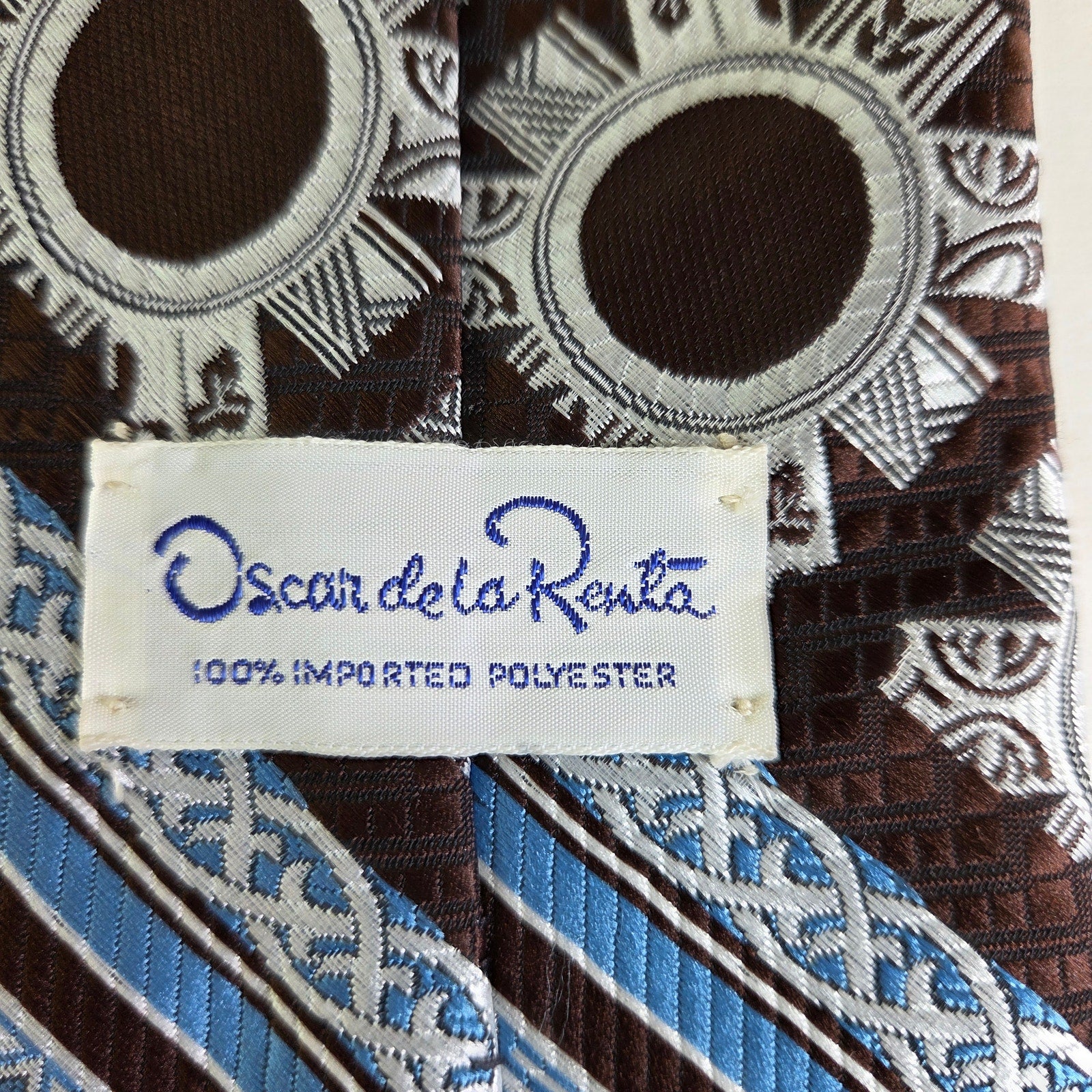 Oscar de la Renta Brown Blue Geometric Tie 4" Wide Vintage Polyester