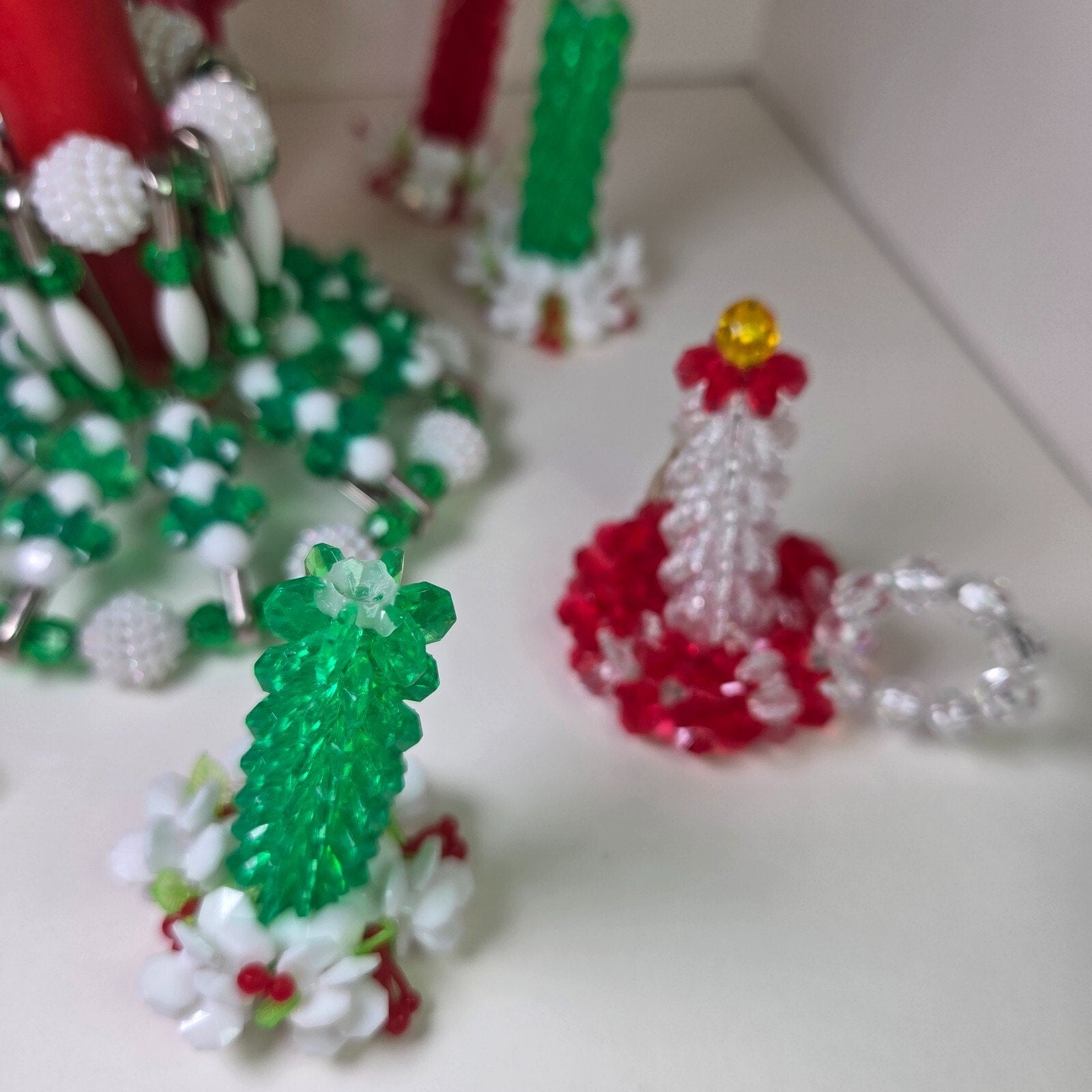 Vintage Beaded Christmas Candle Holders & Ornaments Lot of 13 + Candles