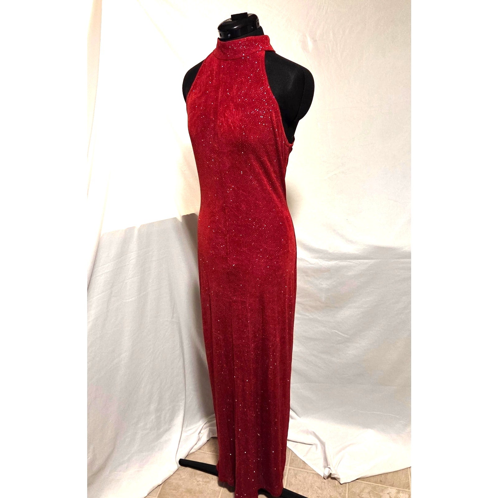 Roberta Evening Gown L Red Rhinestone Halter Formal Dress USA Style 72729