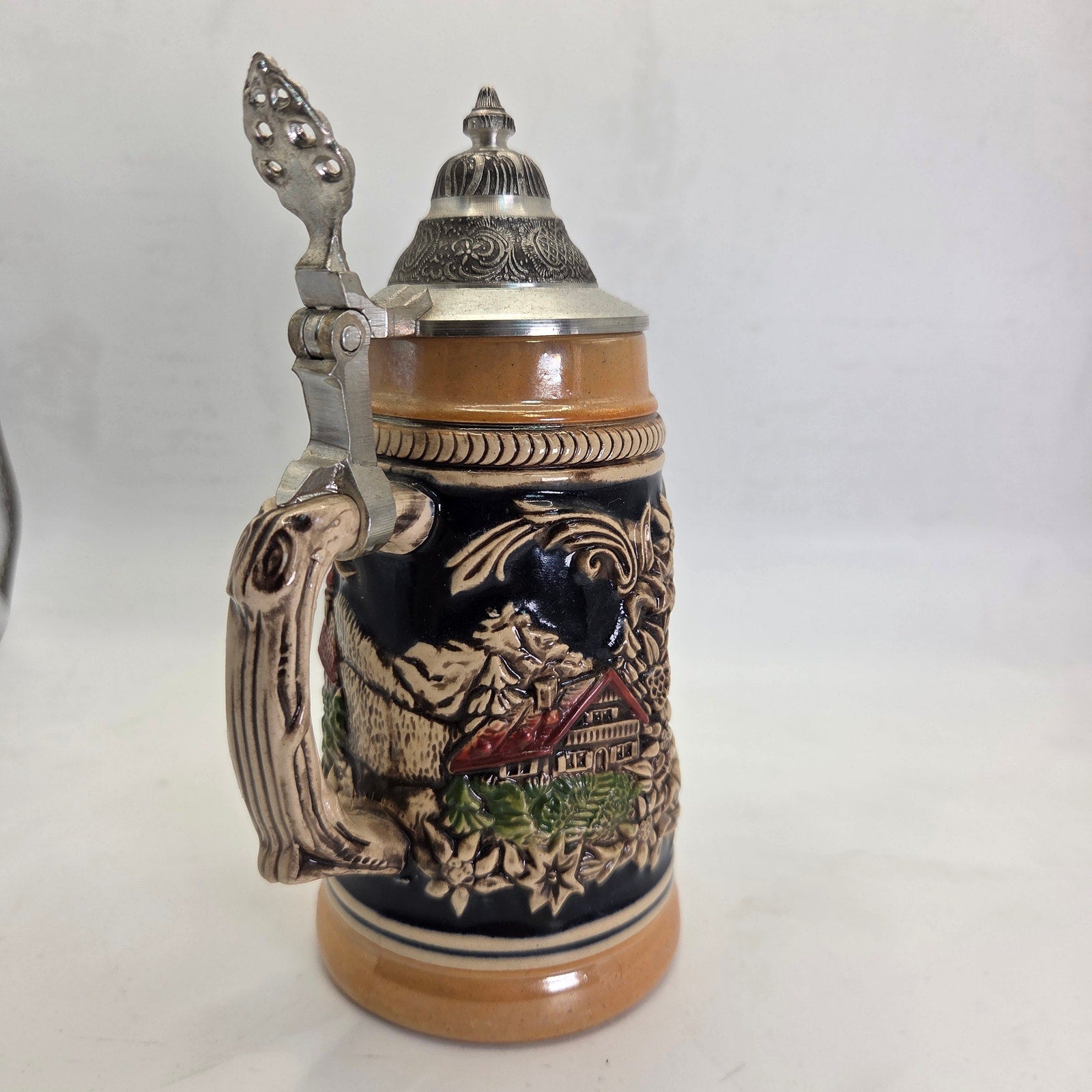 Vintage German Beer Stein Vaduz Liechtenstein Handarbeit Pewter Lid 7”