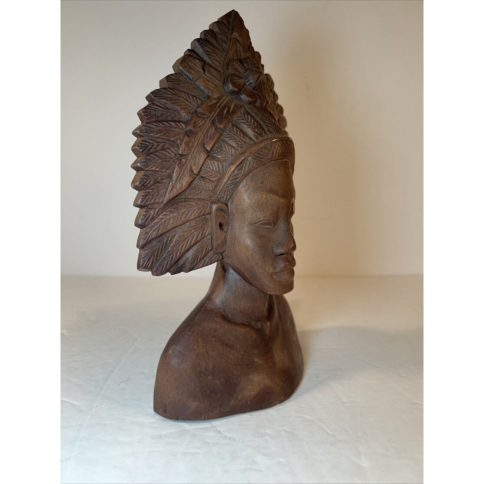 Balinese Hand-Carved Wood Bust Pair | Male & Female Headdress Statues 9-in