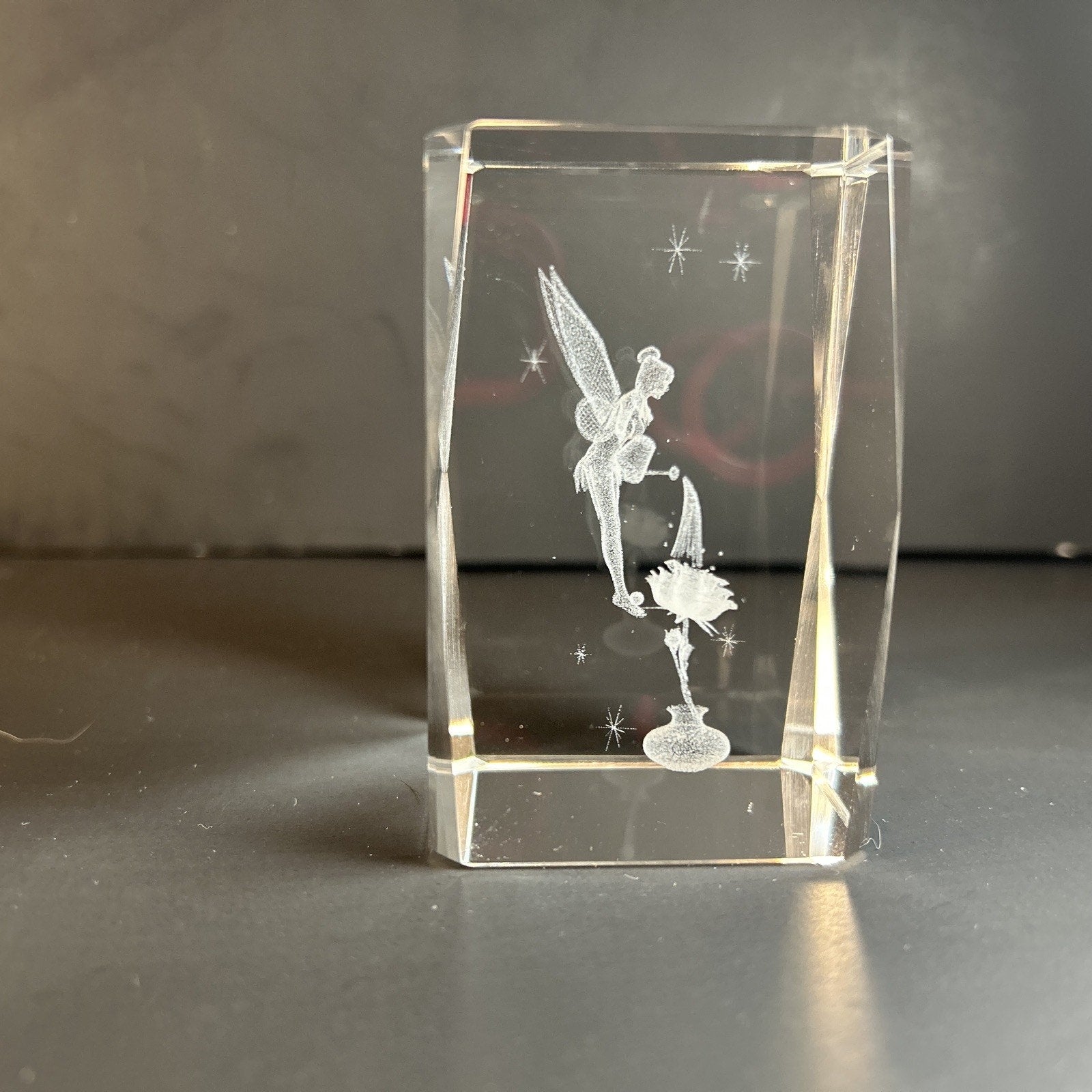 Tinker Bell Watering a Flower 3d Etched Disney Crystal Glass 3"x2" Paper Weight