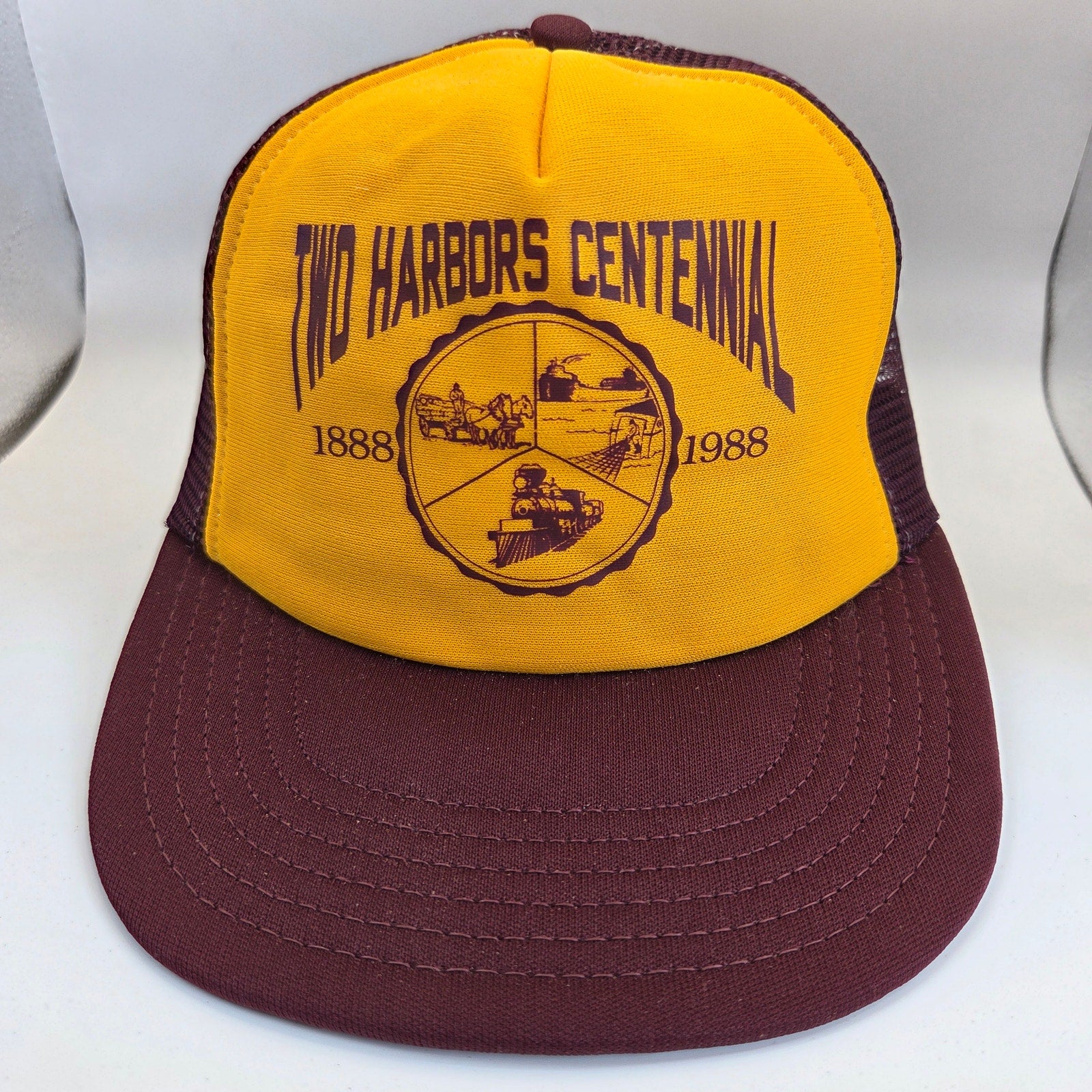 Vintage 1988 Two Harbors Centennial Snapback Trucker Hat USA Foam Mesh Cap