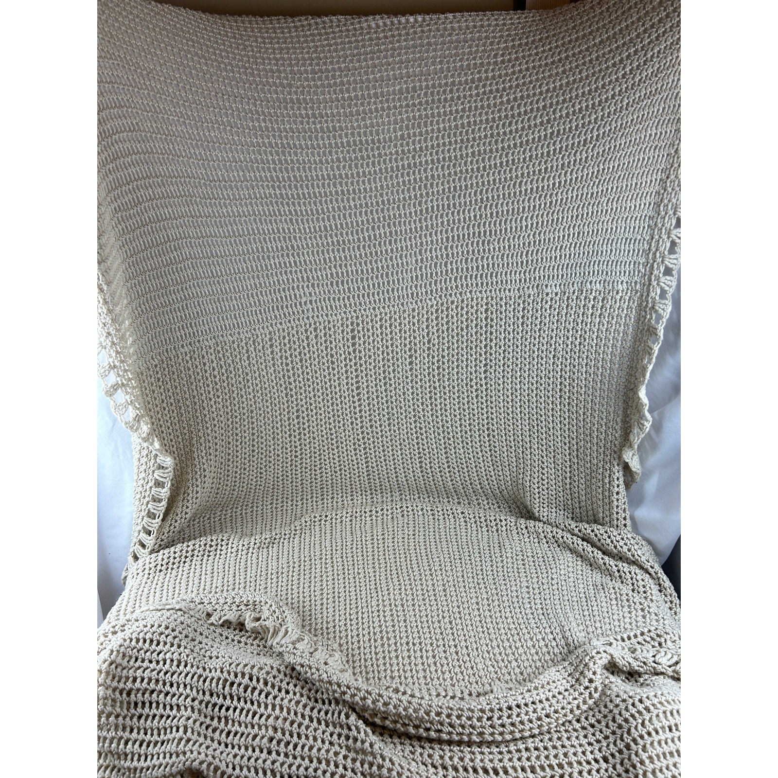 Vintage Hand Crocheted Blanket 60x70 Cream Cotton Throw Fringe