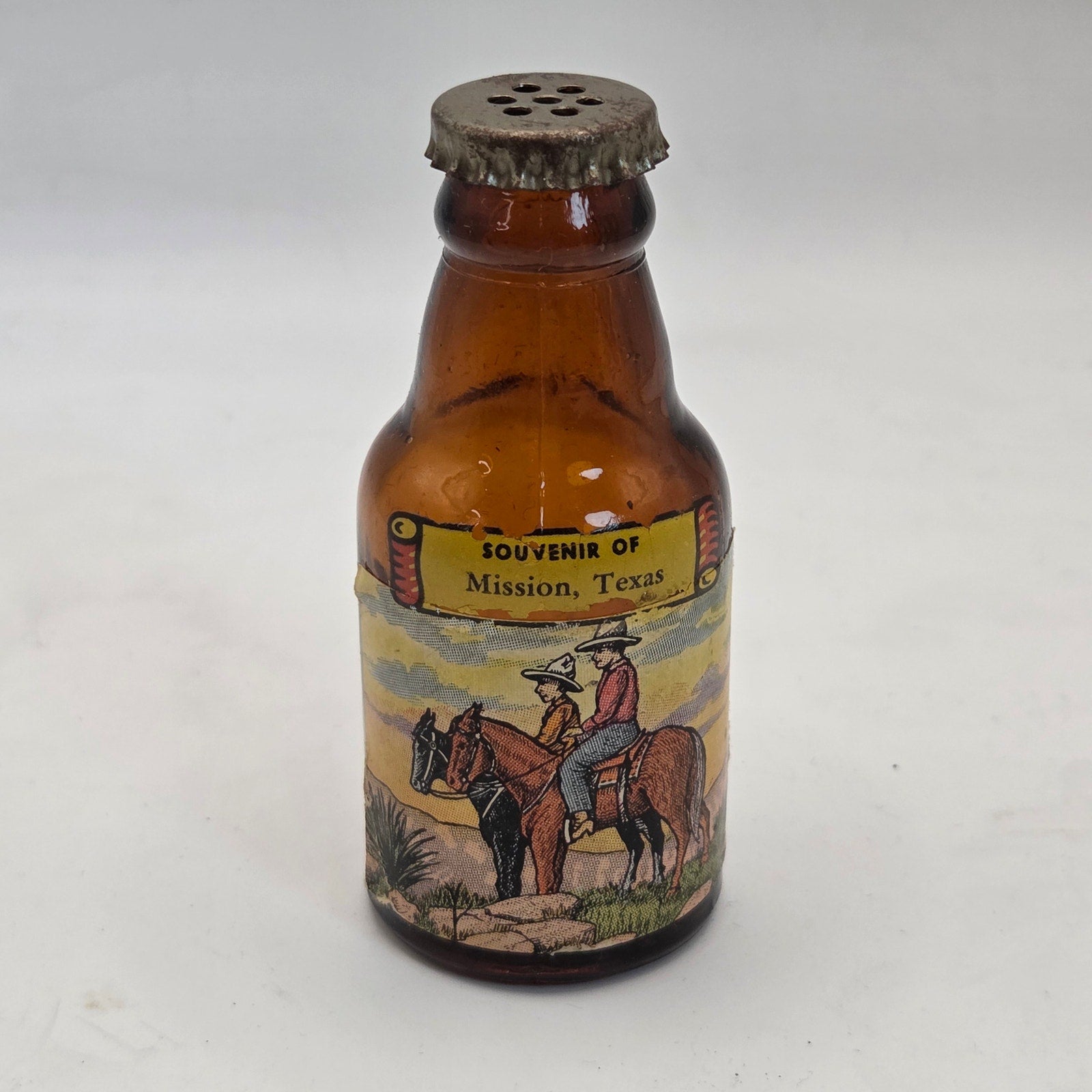 Vintage Mission Texas Souvenir Amber Glass Shaker Bottle Motel Buffalo Pat Pend