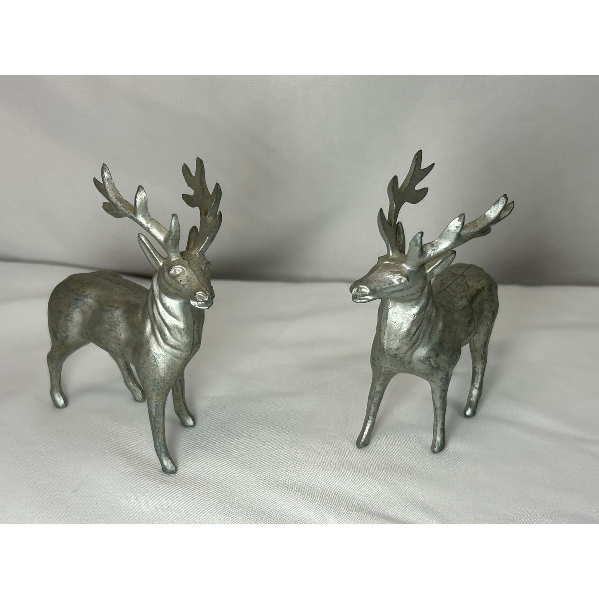 Vintage Cast Metal Reindeer Stag Figurines Pair Silver Christmas Deer 4.5"