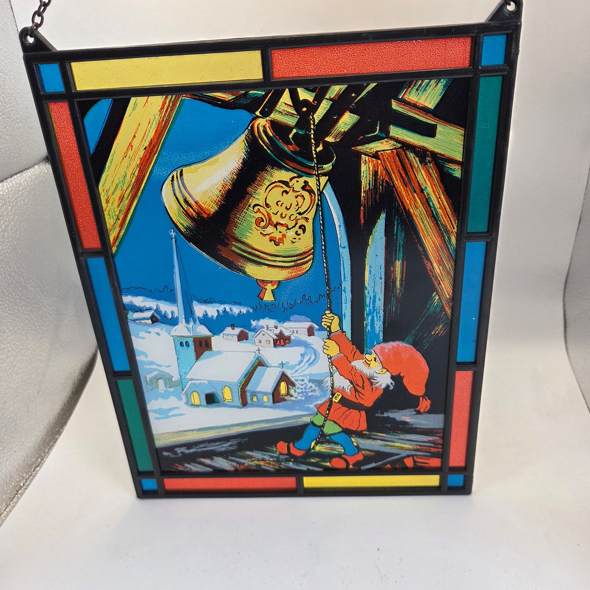Vintage Faux Stained Glass Christmas Elf Ringing Bell Window Panel Suncatcher