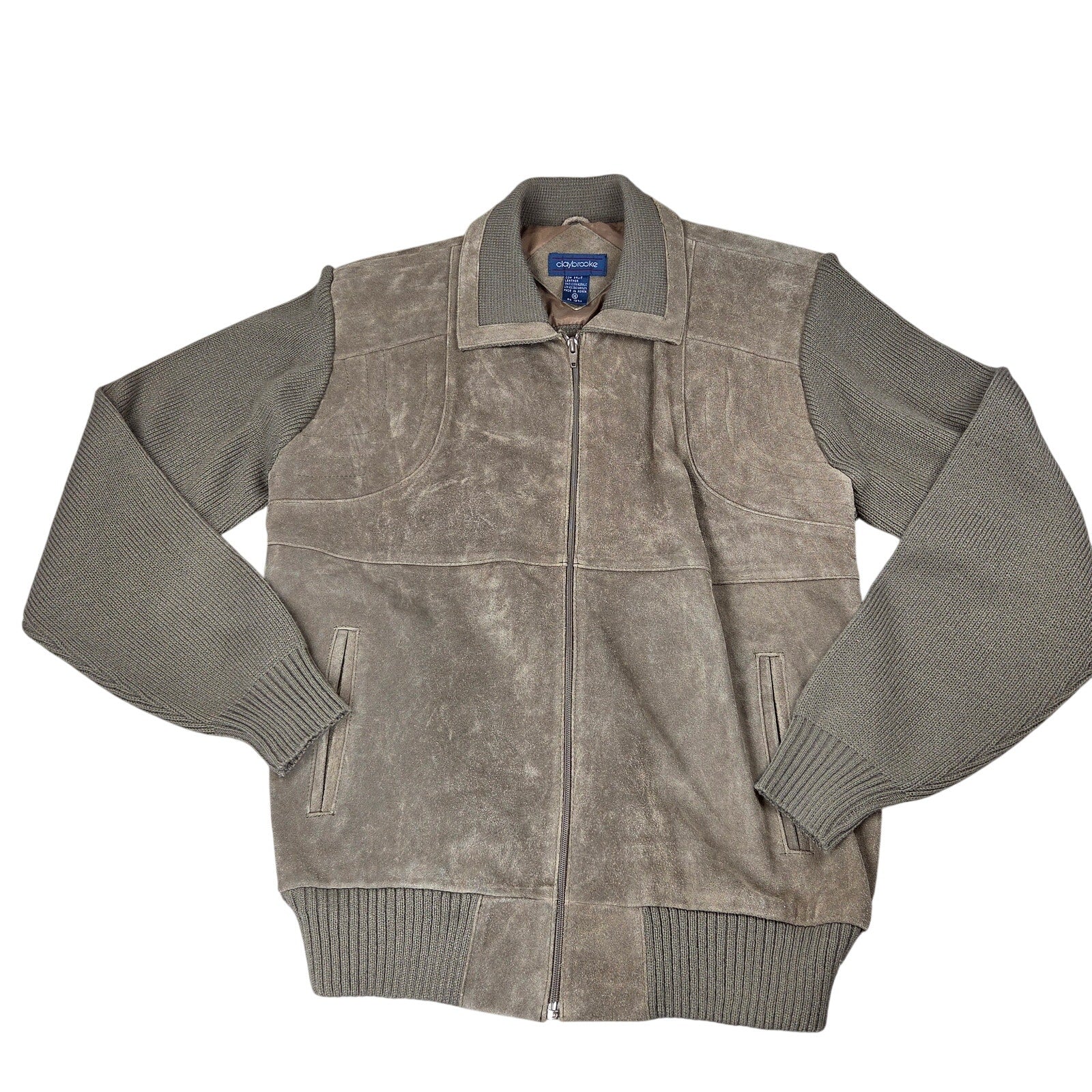 Claybrooke Cow Split Leather Knit Full Zip Sweater Jacket Men's XL Korea Vintage