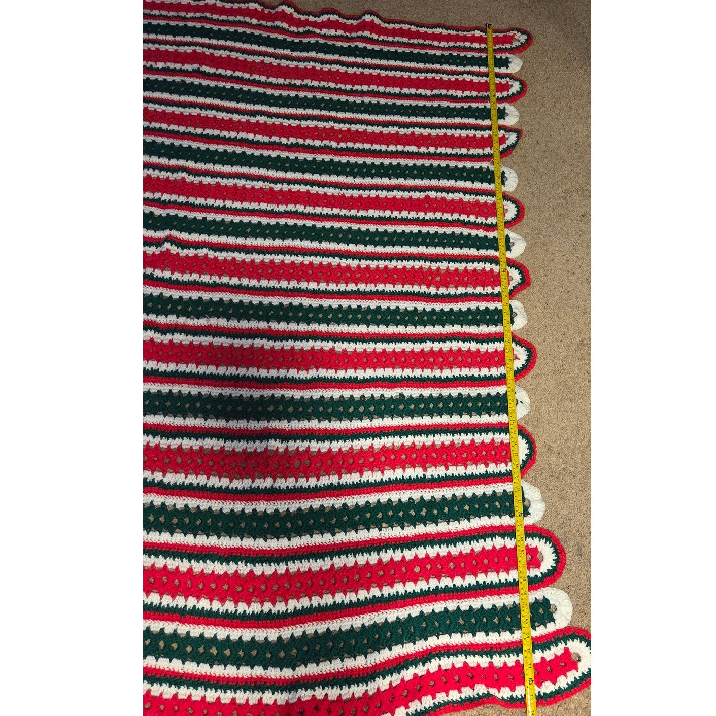 Handmade Crochet Afghan Blanket Red Green White Christmas Throw 73x70