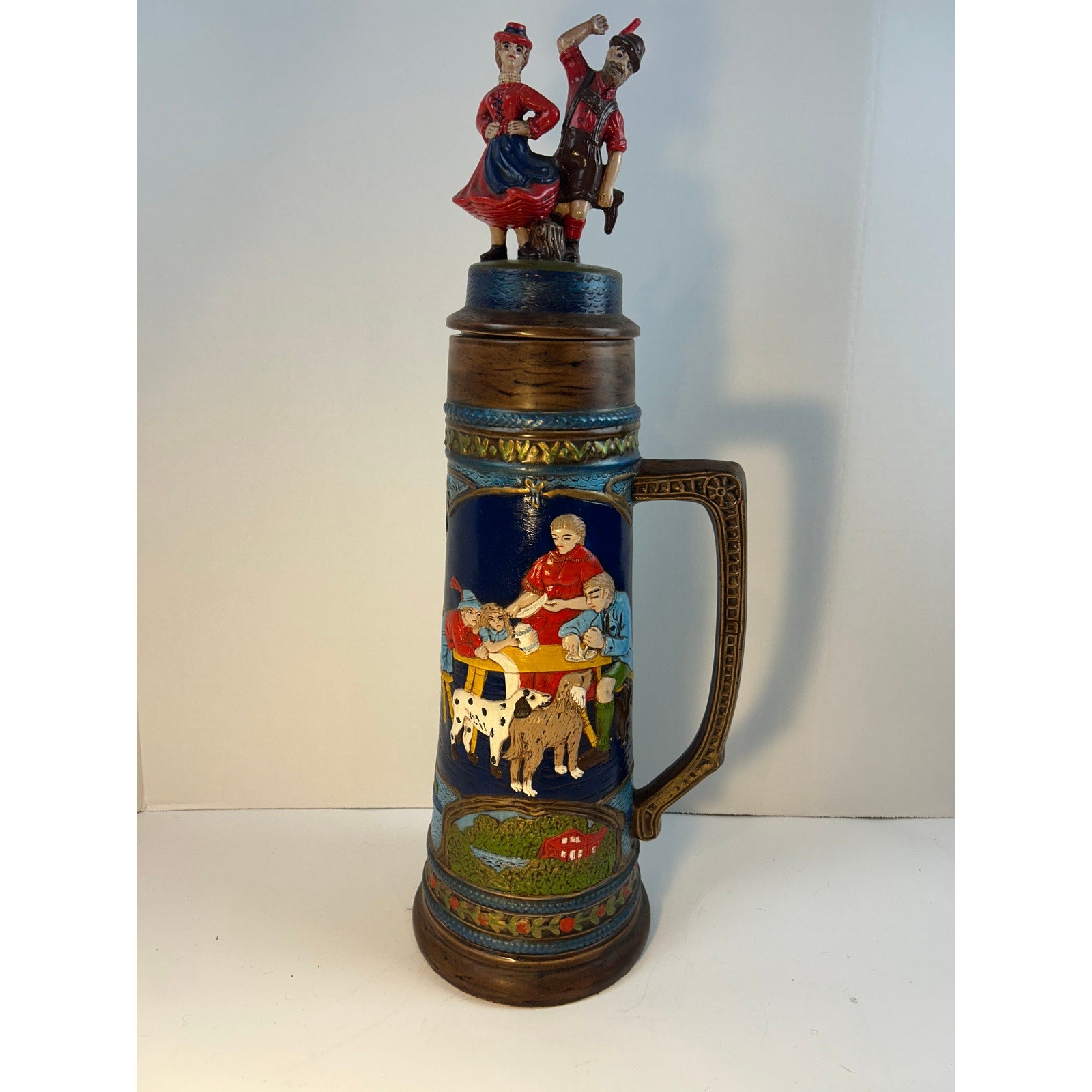German Beer Stein Dancing Couple Relief Lidded Ceramic Tall Collectible
