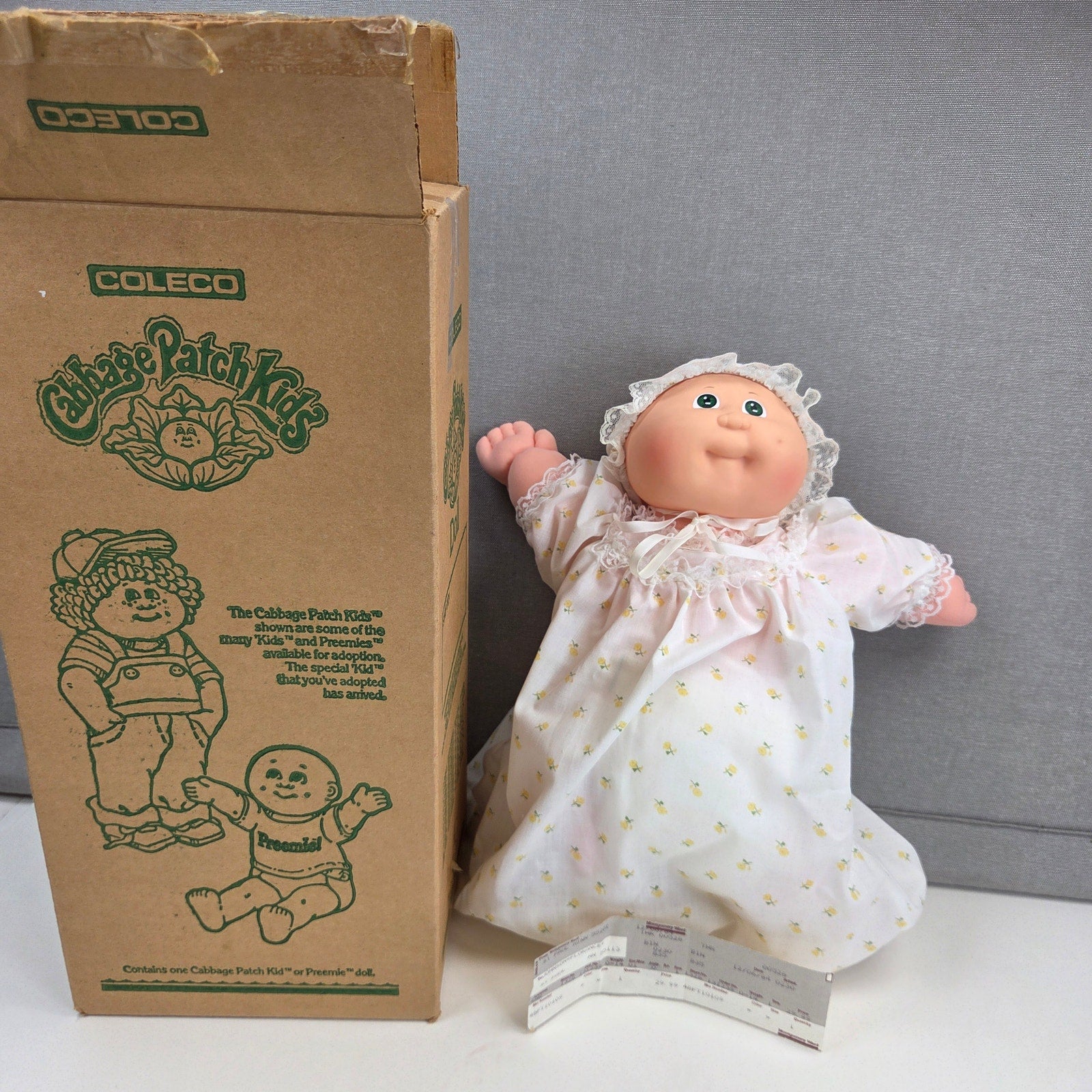 1984 Coleco Cabbage Patch Kids 14" Preemie Girl Doll Box Receipt Hong Kong