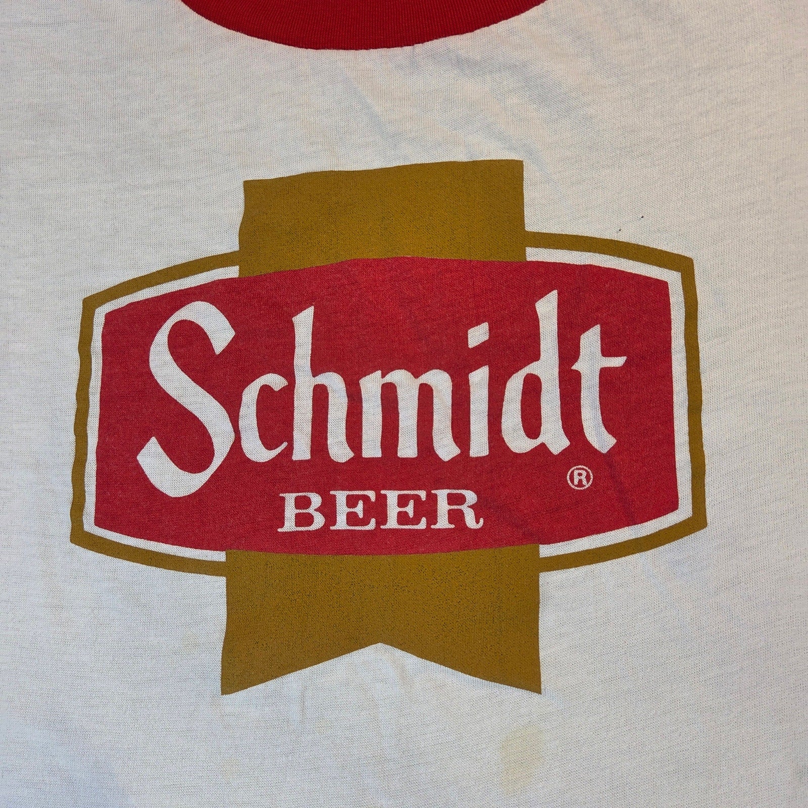 Schmidt Beer Vintage 1980s Ringer T Shirt Medallion USA Medium Stained M