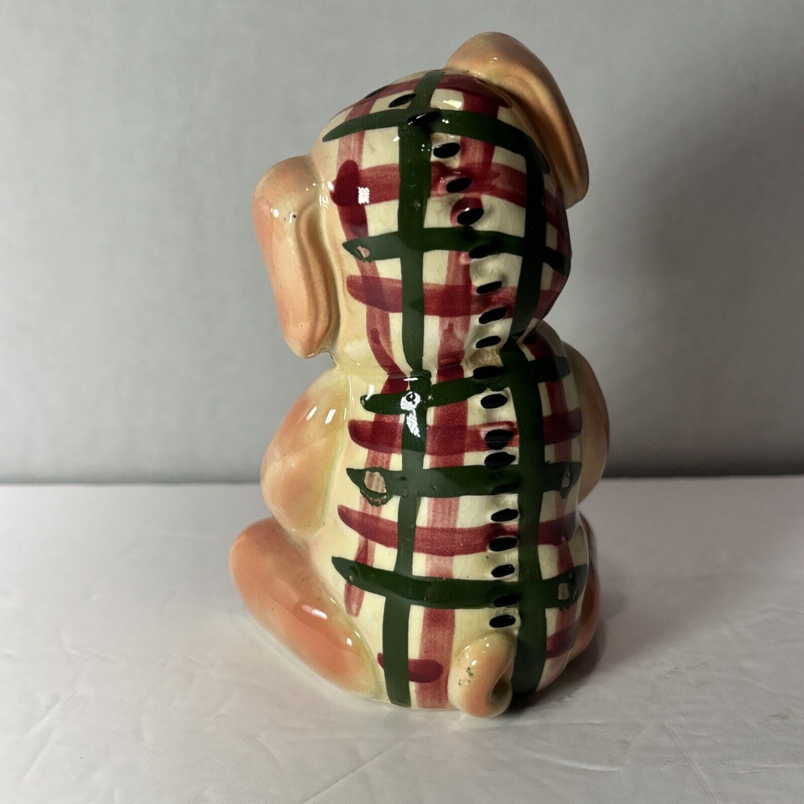 Vintage Patchwork Dog Figurine Hand Painted Ceramic 1950s 1960s Folk Art
