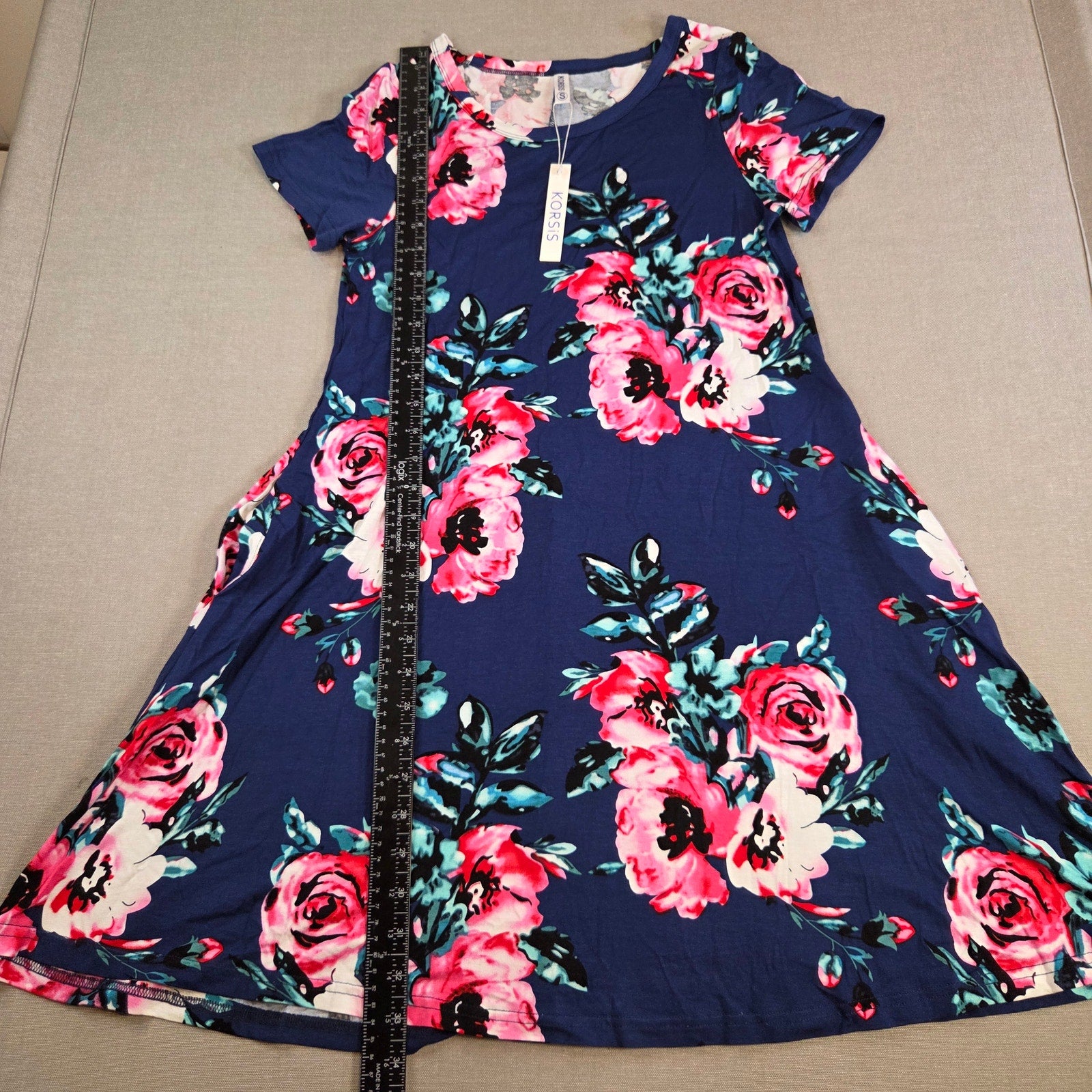 Korsis Blue Floral Dress Pink Rose Print Pockets Women’s Size S