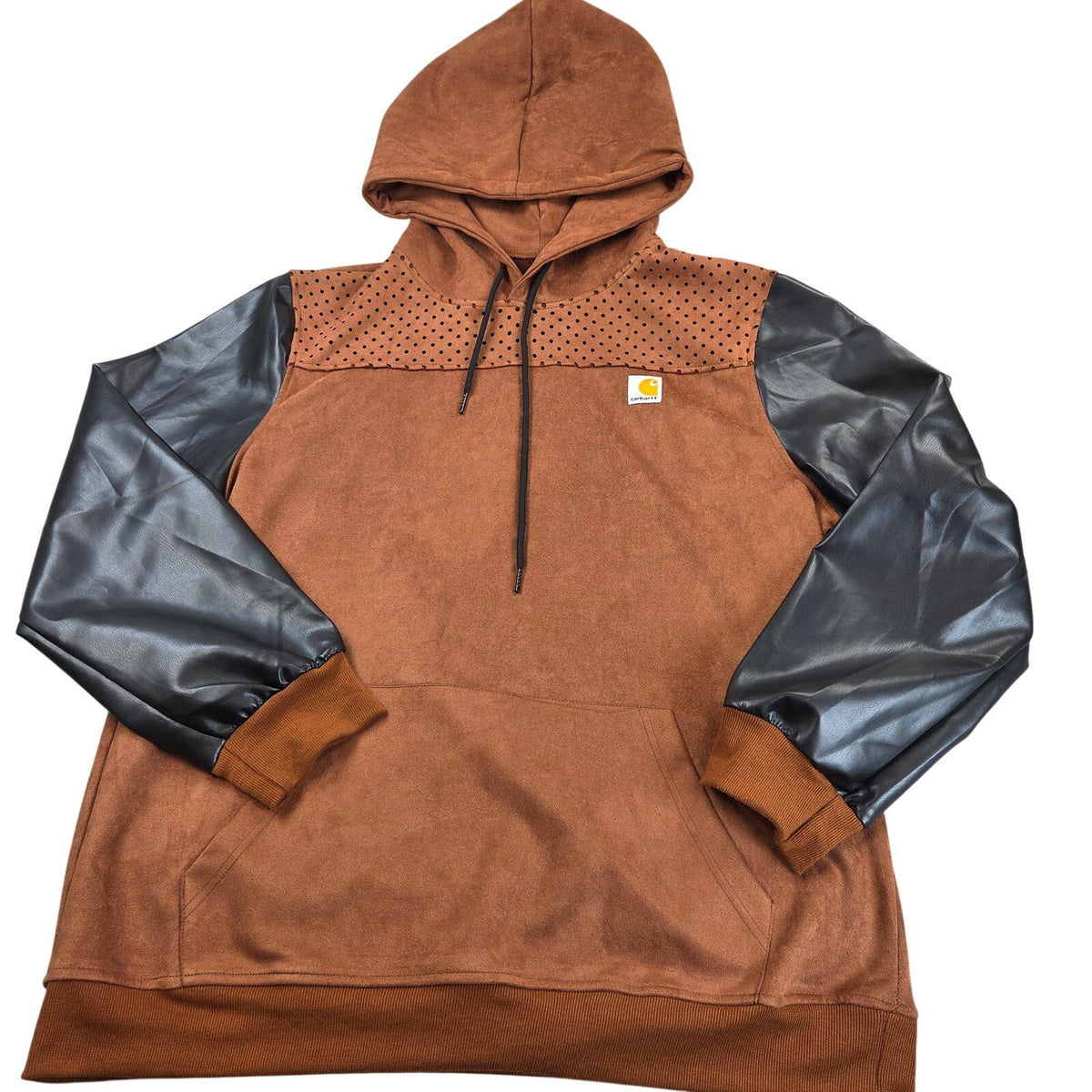 Custom Faux Suede Hoodie 2XL Brown Black Contrast Sleeves Pullover